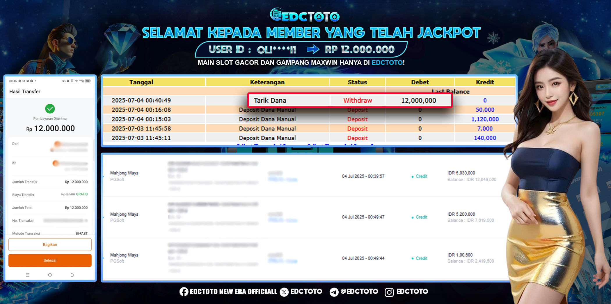🎉 Selamat kepada Member EDCTOTO atas Jackpot 12 Juta di Mahjong Ways (PGSoft)! 🎉