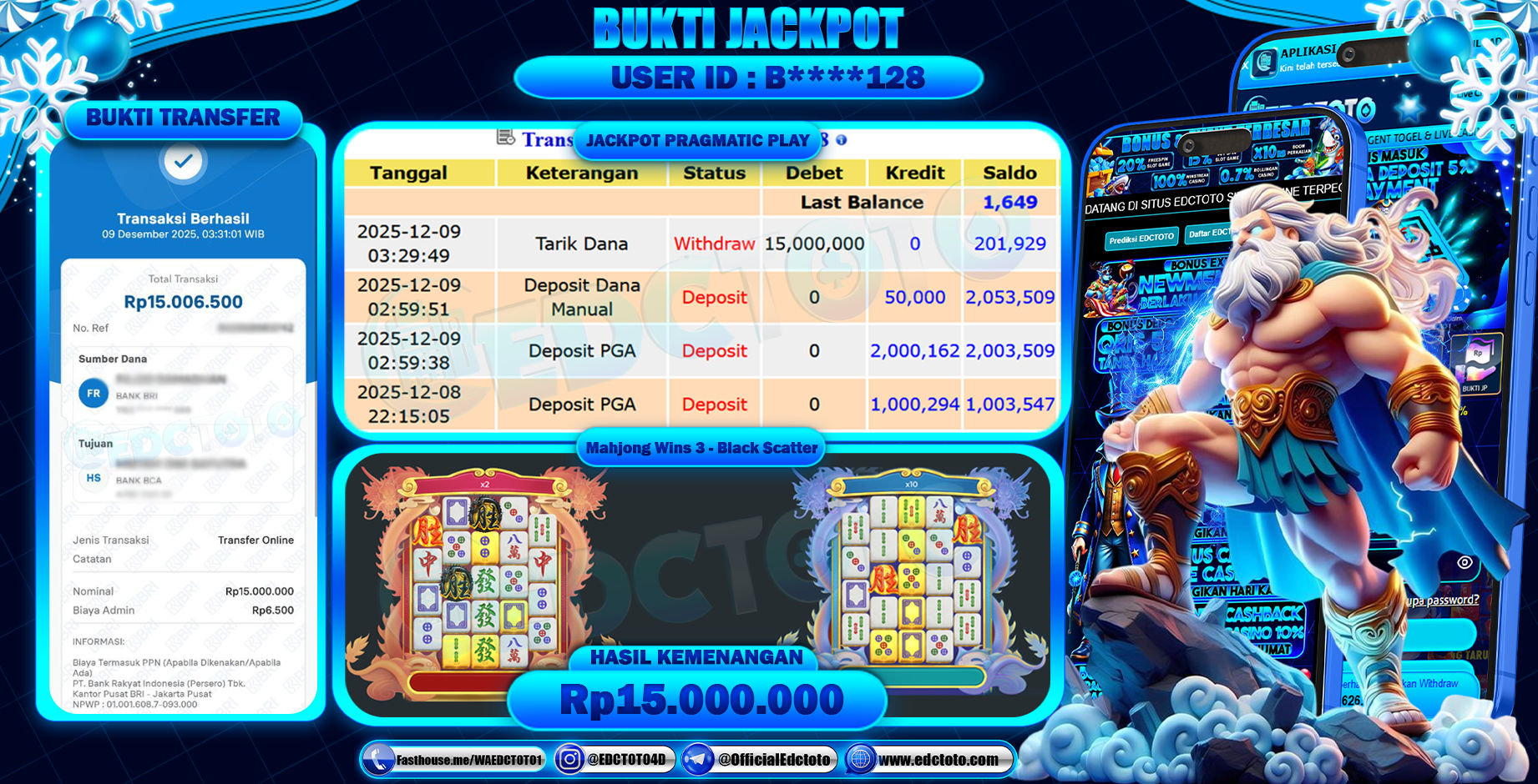 EDCTOTO JACKPOT Rp.15.000.000,- DIBAYAR LUNAS. PERMAINAN SLOT MAHJONG WINS 3 - BLACK SCATTER(PRAGMATIC PLAY)