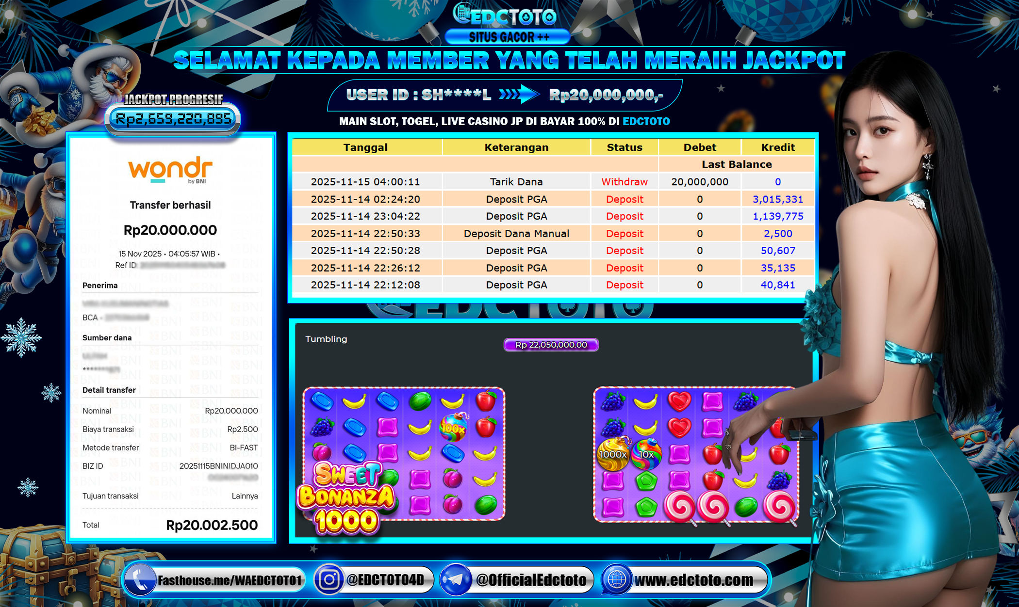 EDCTOTO JACKPOT Rp.20.000.000,- DIBAYAR LUNAS. PERMAINAN SLOT SWEET BONANZA 1000(PRAGMATIC PLAY)