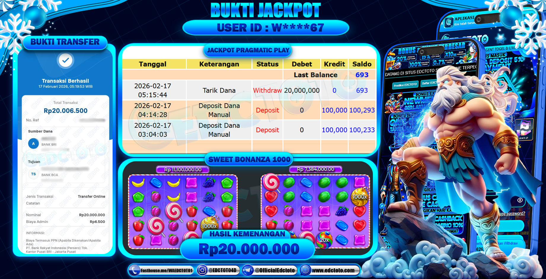 EDCTOTO JACKPOT Rp.20.000.000,- DIBAYAR LUNAS. PERMAINAN SLOT SWEET BONANZA 1000(PRAGMATIC PLAY)
