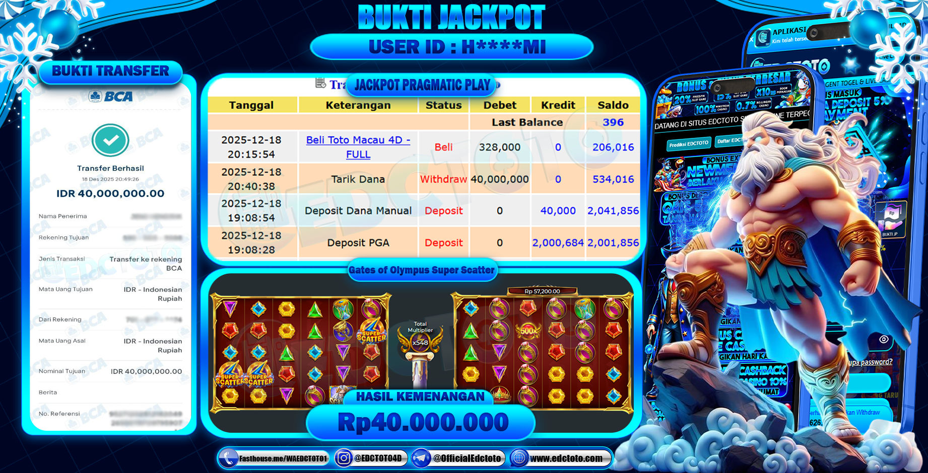 EDCTOTO JACKPOT Rp.40.000.000,- DIBAYAR LUNAS. PERMAINAN SLOT GATES OF OLYMPUS SUPER SCATTER(PRAGMATIC PLAY)