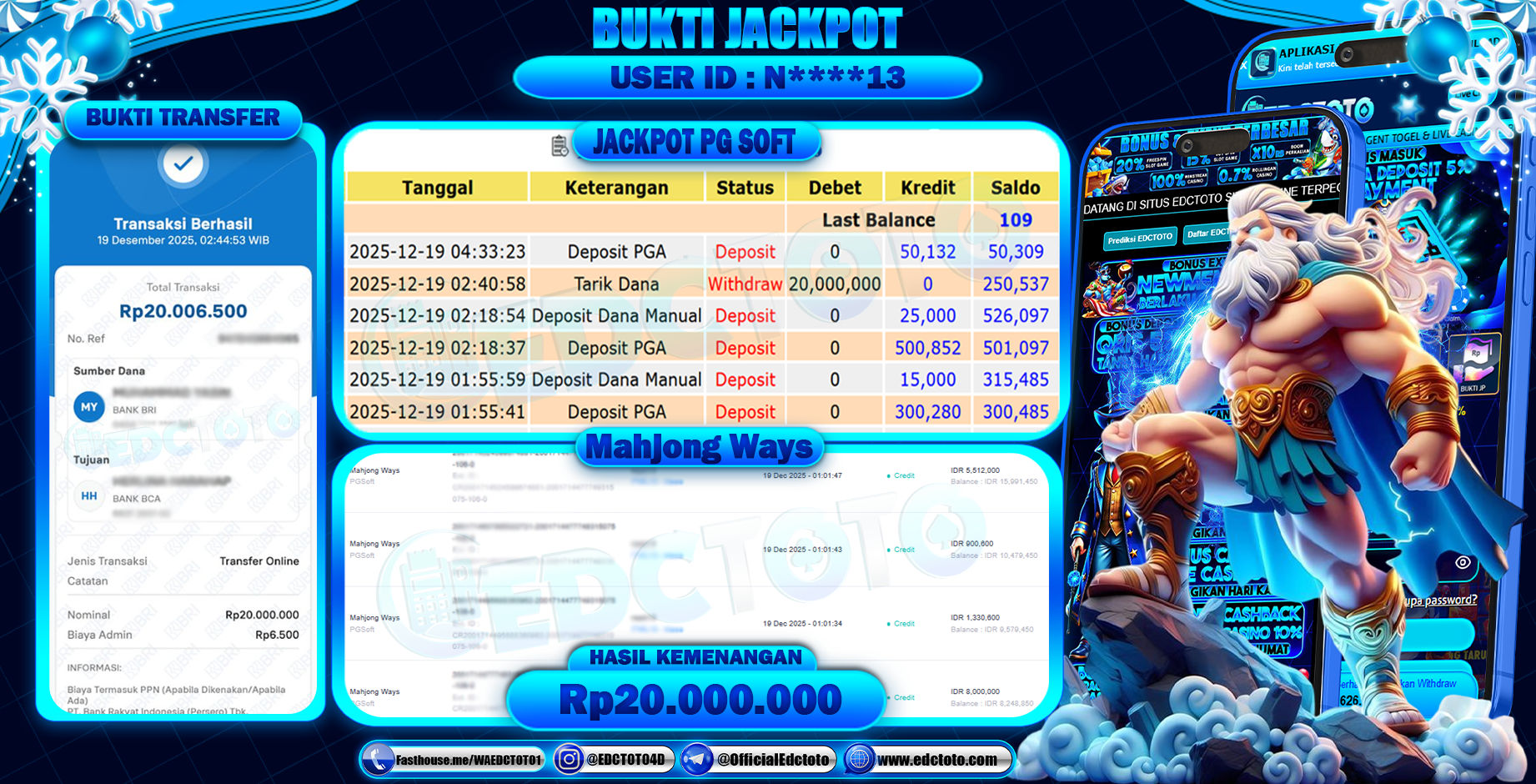 EDCTOTO JACKPOT Rp.20.000.000,- DIBAYAR LUNAS. PERMAINAN SLOT MAHJONG WAYS(PG SOFT)