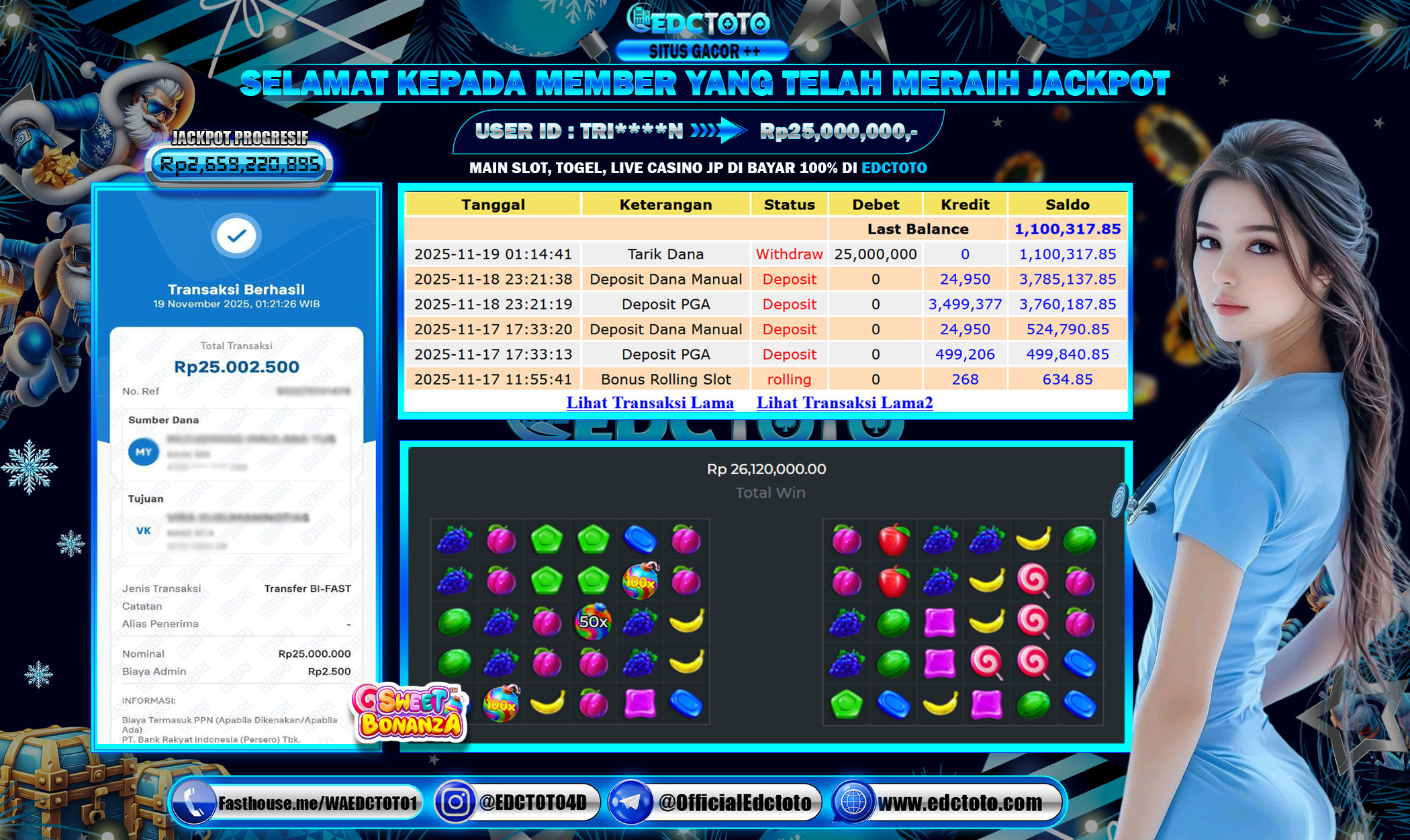 EDCTOTO JACKPOT Rp.25.000.000,- DIBAYAR LUNAS. PERMAINAN SLOT SWEET BONANZA(PRAGMATIC PLAY)