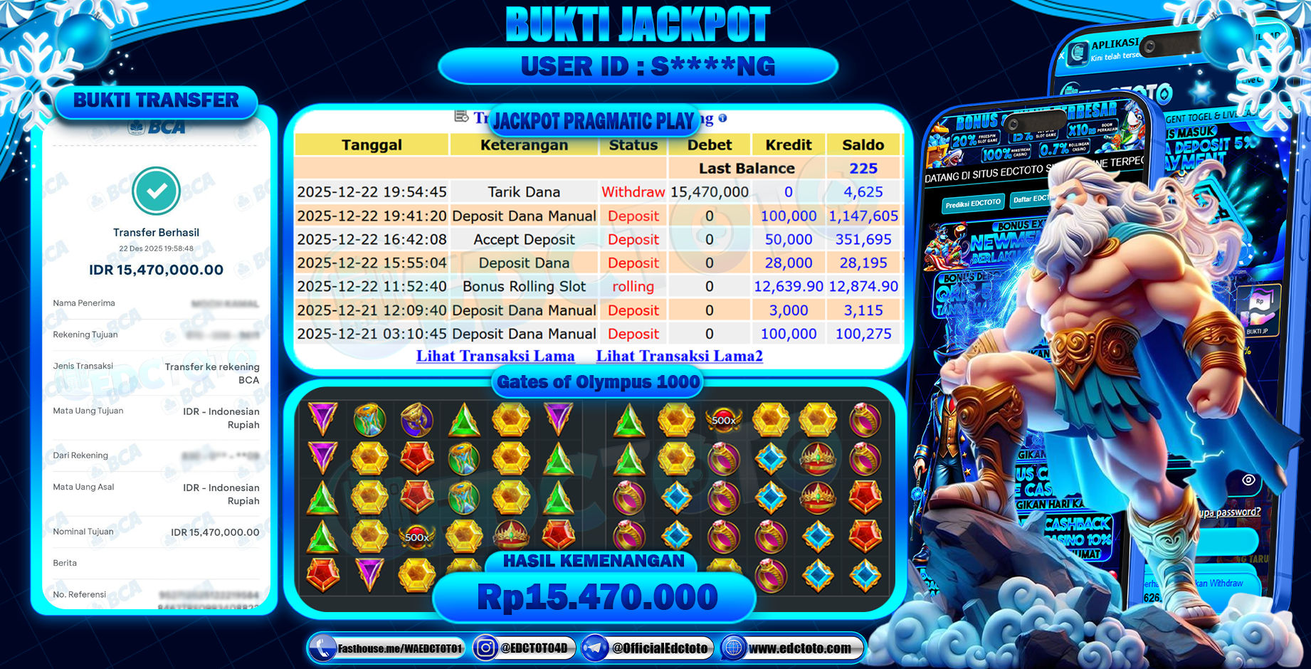 EDCTOTO JACKPOT Rp.15.470.000,- DIBAYAR LUNAS. PERMAINAN SLOT GATES OF OLYMPUS 1000(PRAGMATIC PLAY)