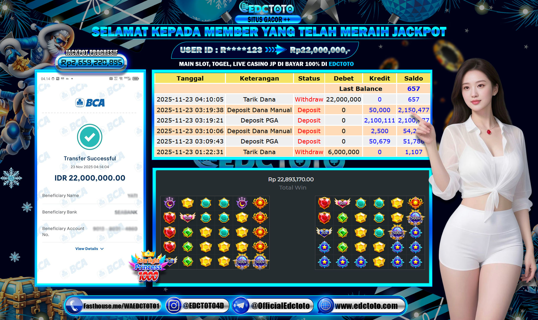EDCTOTO JACKPOT Rp.22.000.000,- DIBAYAR LUNAS. PERMAINAN SLOT STARLIGHT PRINCESS 1000(PRAGMATIC PLAY)