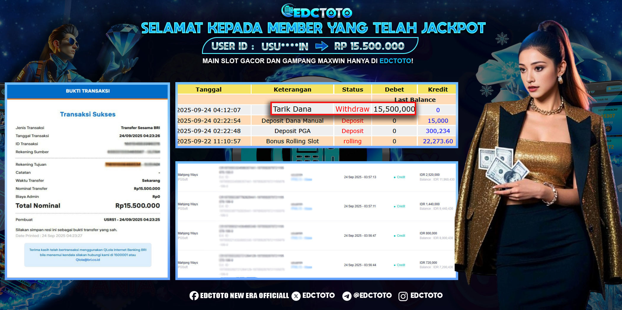 EDCTOTO - JACKPOT Rp.15.500.000,- DIBAYAR LUNAS. PERMAINAN SLOT MAHJONG WAYS 1 (PG SOFT).