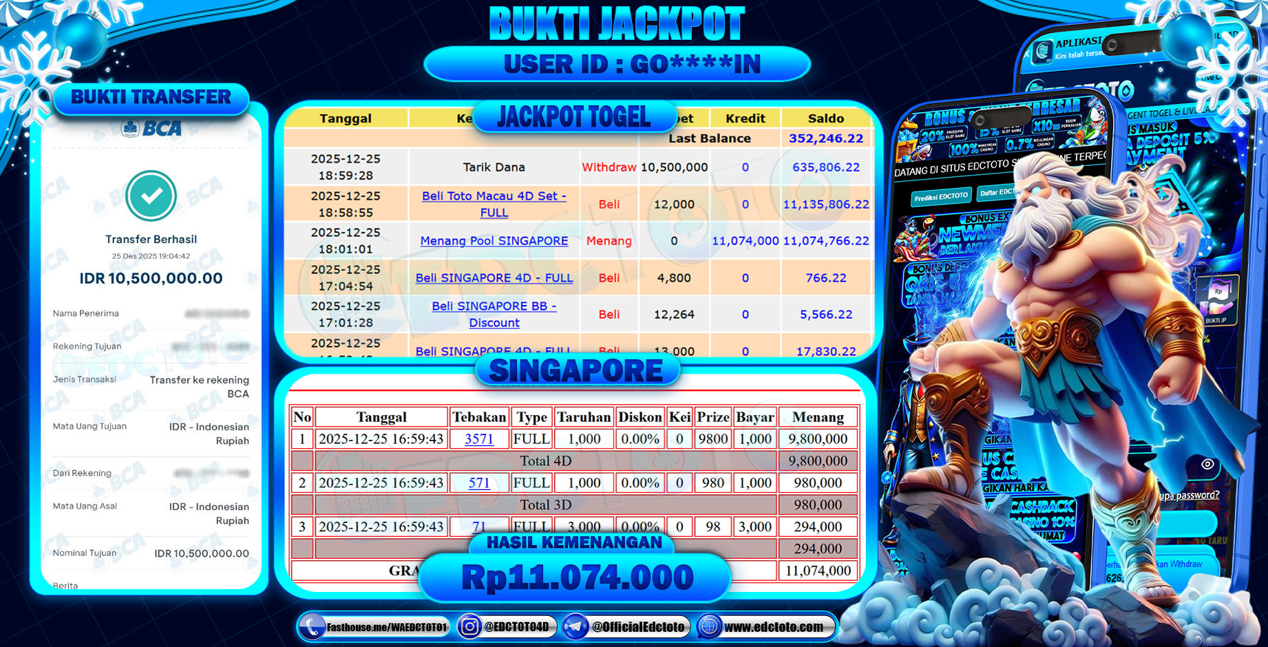 EDCTOTO JACKPOT Rp.10.500.000,- DIBAYAR LUNAS. PERMAINAN LOTRE 4D, 3D, dan 2D TOGEL SINGAPORE