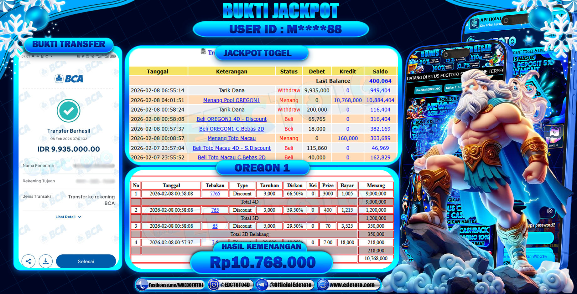 EDCTOTO JACKPOT Rp.9.935.000,- DIBAYAR LUNAS. PERMAINAN LOTRE OREGON1 4D,3D dan 2D