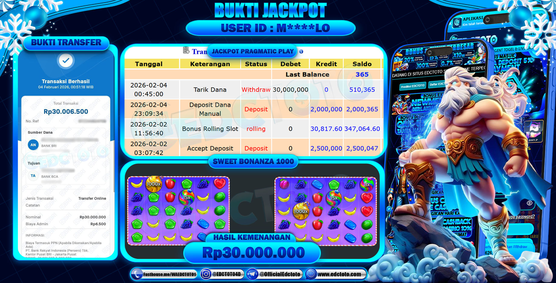 EDCTOTO JACKPOT Rp.30.000.000,- DIBAYAR LUNAS. PERMAINAN SLOT SWEET BONANZA 1000(PRAGMATIC PLAY)