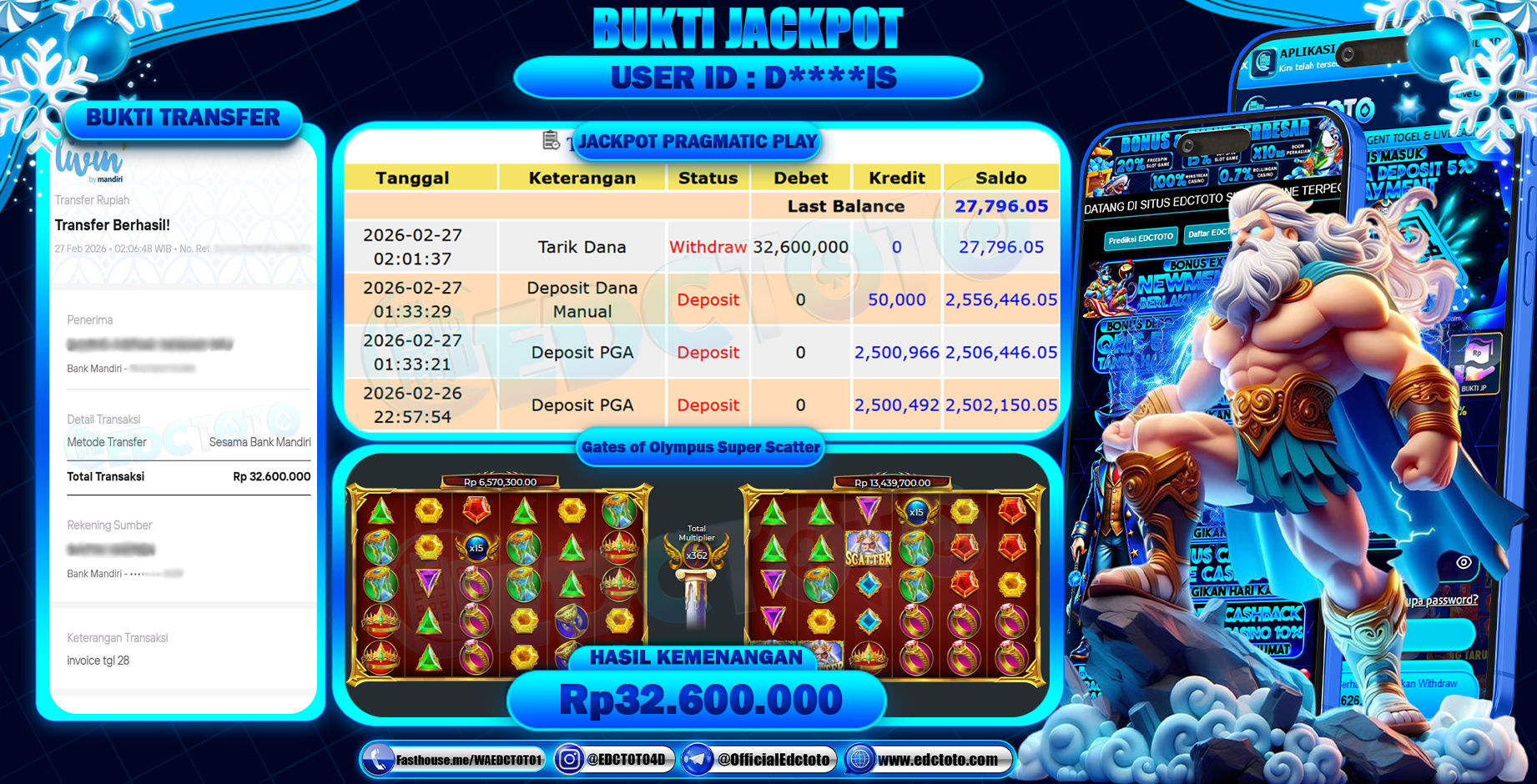 EDCTOTO JACKPOT Rp.32.600.000,- DIBAYAR LUNAS. PERMAINAN SLOT GATES OF OLYMPUS SUPER SCATTER(PRAGMATIC PLAY)
