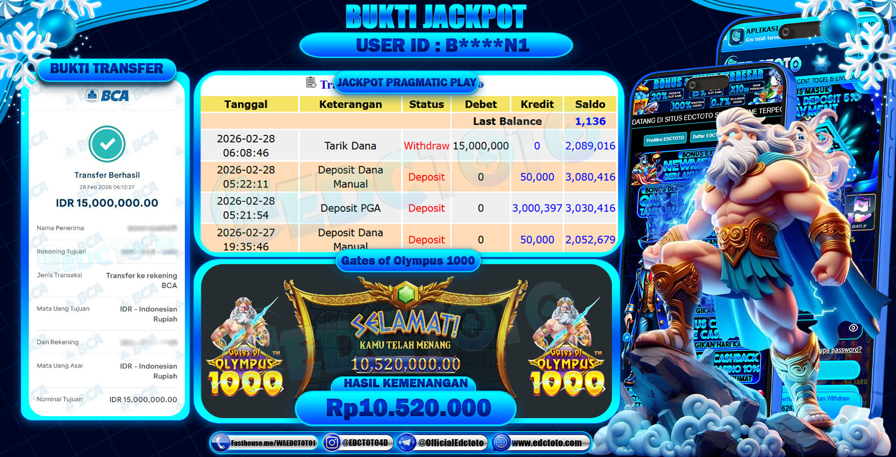 EDCTOTO JACKPOT Rp.15.000.000,- DIBAYAR LUNAS. PERMAINAN SLOT GATES OF OLYMPUS 1000(PRAGMATIC PLAY)