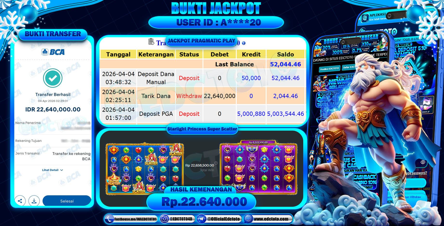 EDCTOTO JACKPOT Rp.22.640.000,- DIBAYAR LUNAS. PERMAINAN SLOT STARLIGHT PRINCESS  SUPER SCATTER(PRAGMATIC PLAY)