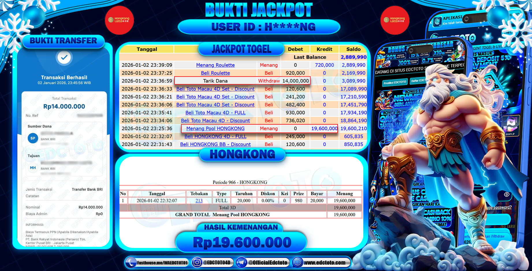 EDCTOTO JACKPOT Rp.19.600.000,- DIBAYAR LUNAS. PERMAINAN LOTRE TOGEL HONGKONG 3D