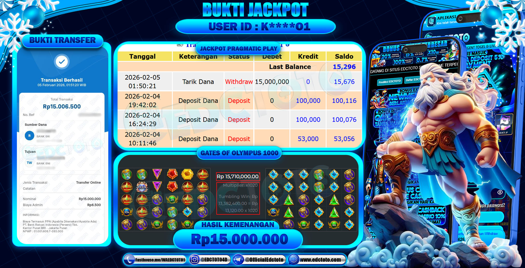 EDCTOTO JACKPOT Rp.15.000.000,- DIBAYAR LUNAS. PERMAINAN SLOT GATES OF OLYMPUS 1000(PRAGMATIC PLAY)