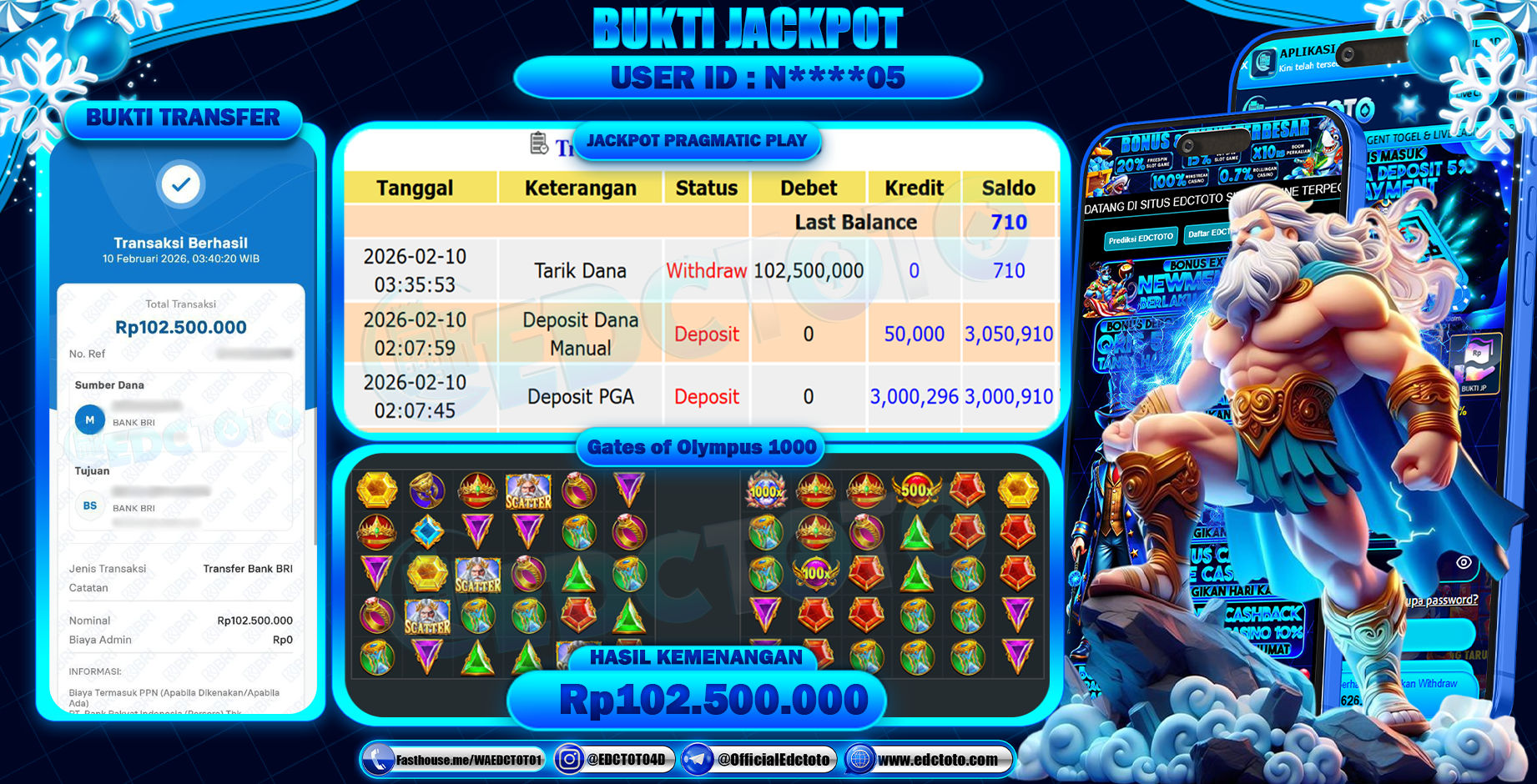 EDCTOTO JACKPOT Rp.102.500.000,- DIBAYAR LUNAS. PERMAINAN SLOT GATES OF OLYMPUS 1000(PRAGMATIC PLAY)