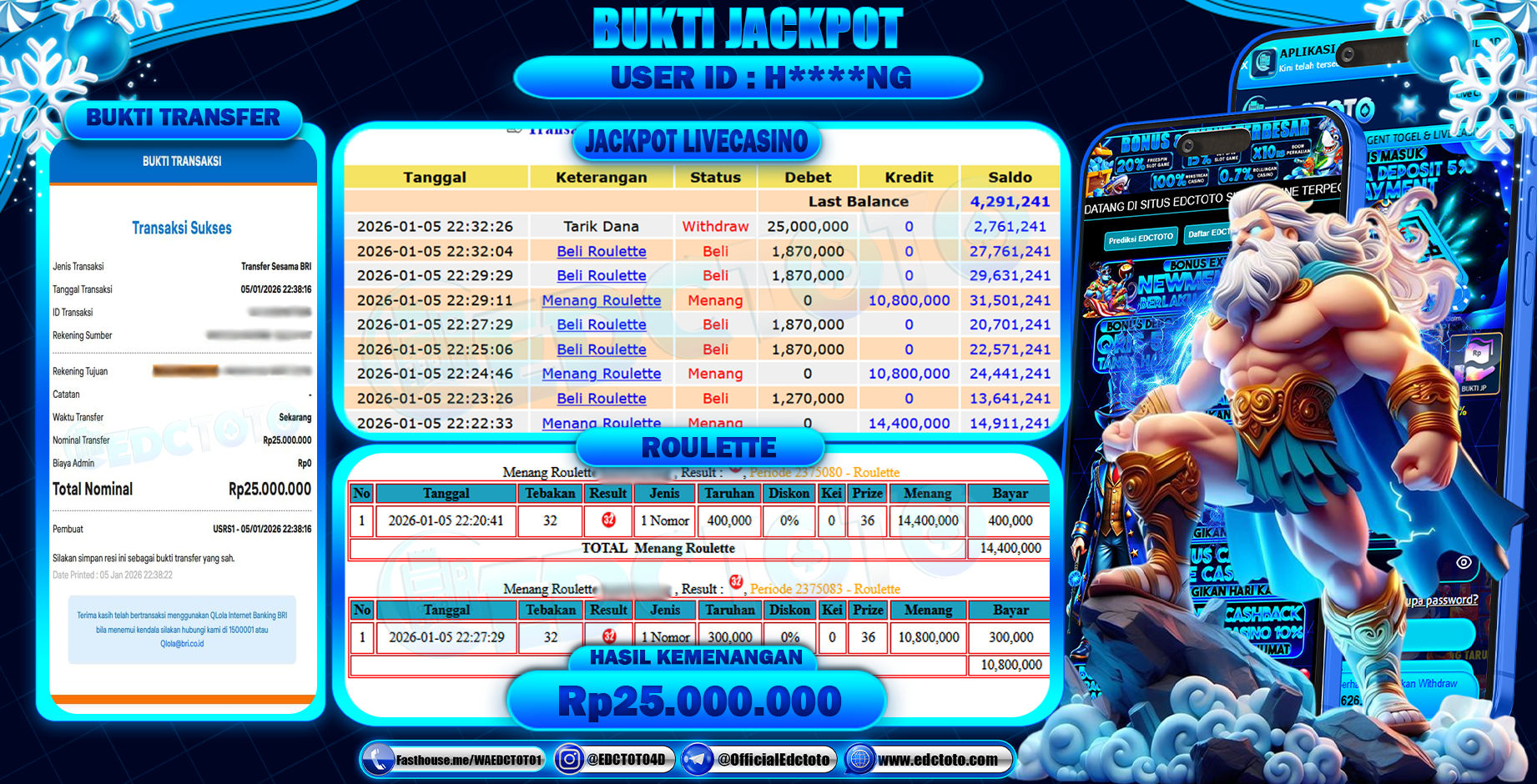 EDCTOTO JACKPOT Rp.25.000.000,- DIBAYAR LUNAS. PERMAINAN LIVEGAME CASINO ROULETTE