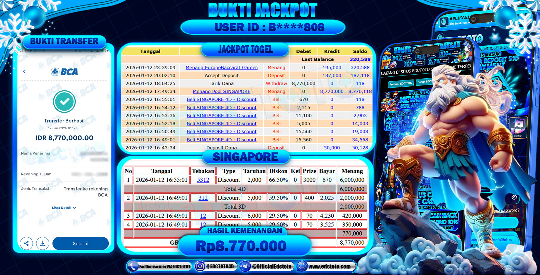 EDCTOTO JACKPOT Rp.8.770.000,- DIBAYAR LUNAS. PERMAINAN LOTRE SINGAPORE 4D, 3D, dan 2D