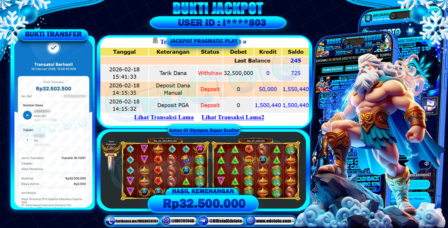 EDCTOTO JACKPOT Rp.32.500.000,- DIBAYAR LUNAS. PERMAINAN SLOT GATES OF OLYMPUS SUPER SCATTER(PRAGMATIC PLAY)