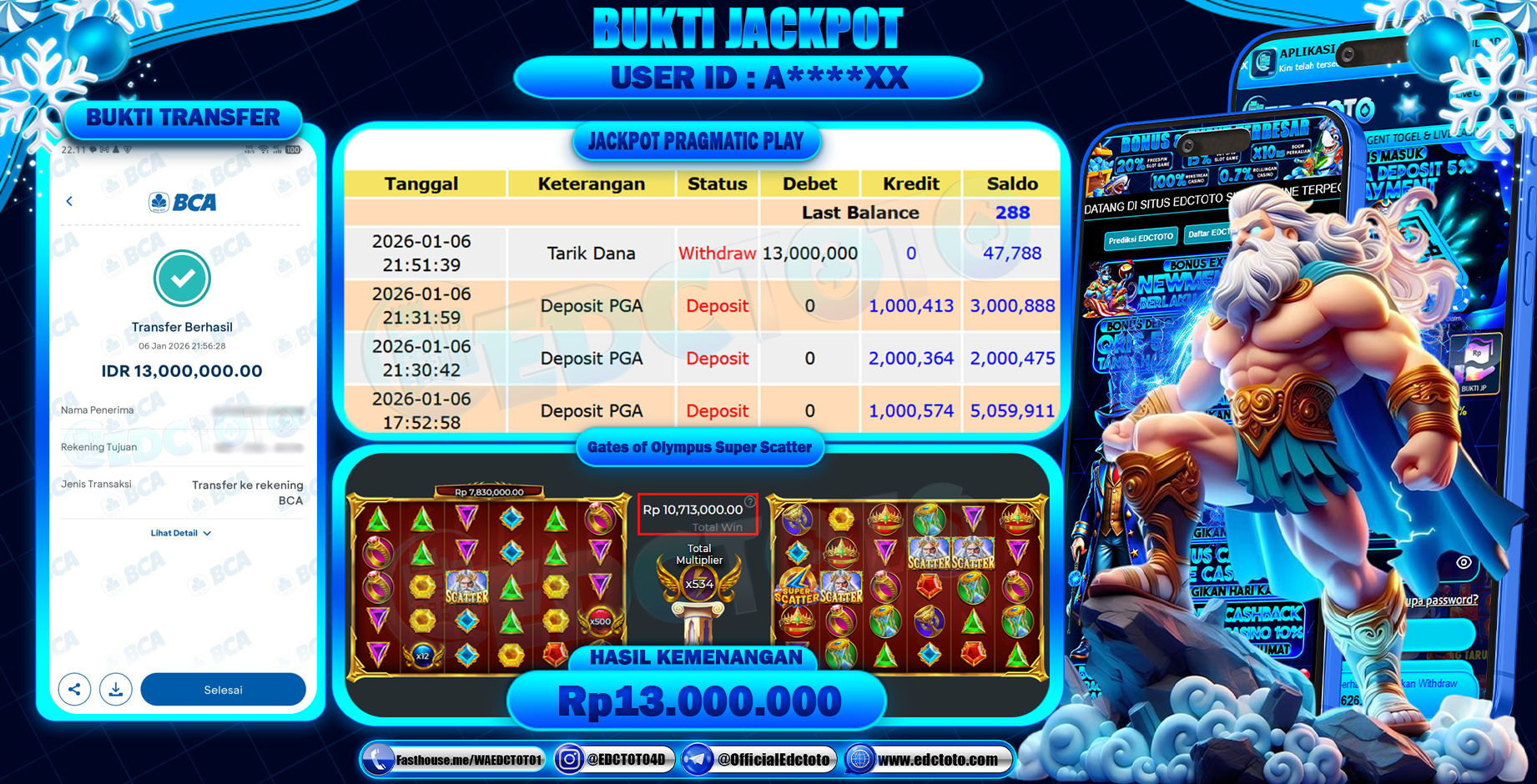 EDCTOTO JACKPOT Rp.13.000.000,- DIBAYAR LUNAS. PERMAINAN SLOT GATES OF OLYMPUS SUPER SCETTER(PRAGMATIC PLAY)