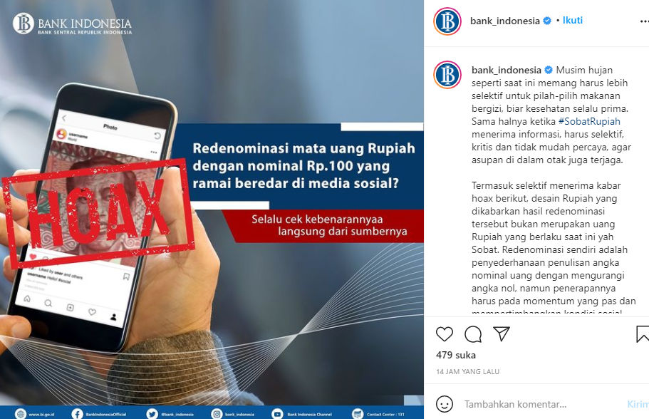 Cek Fakta Bi Keluarkan Uang Redenominasi Nominal Rp100 Hoaks