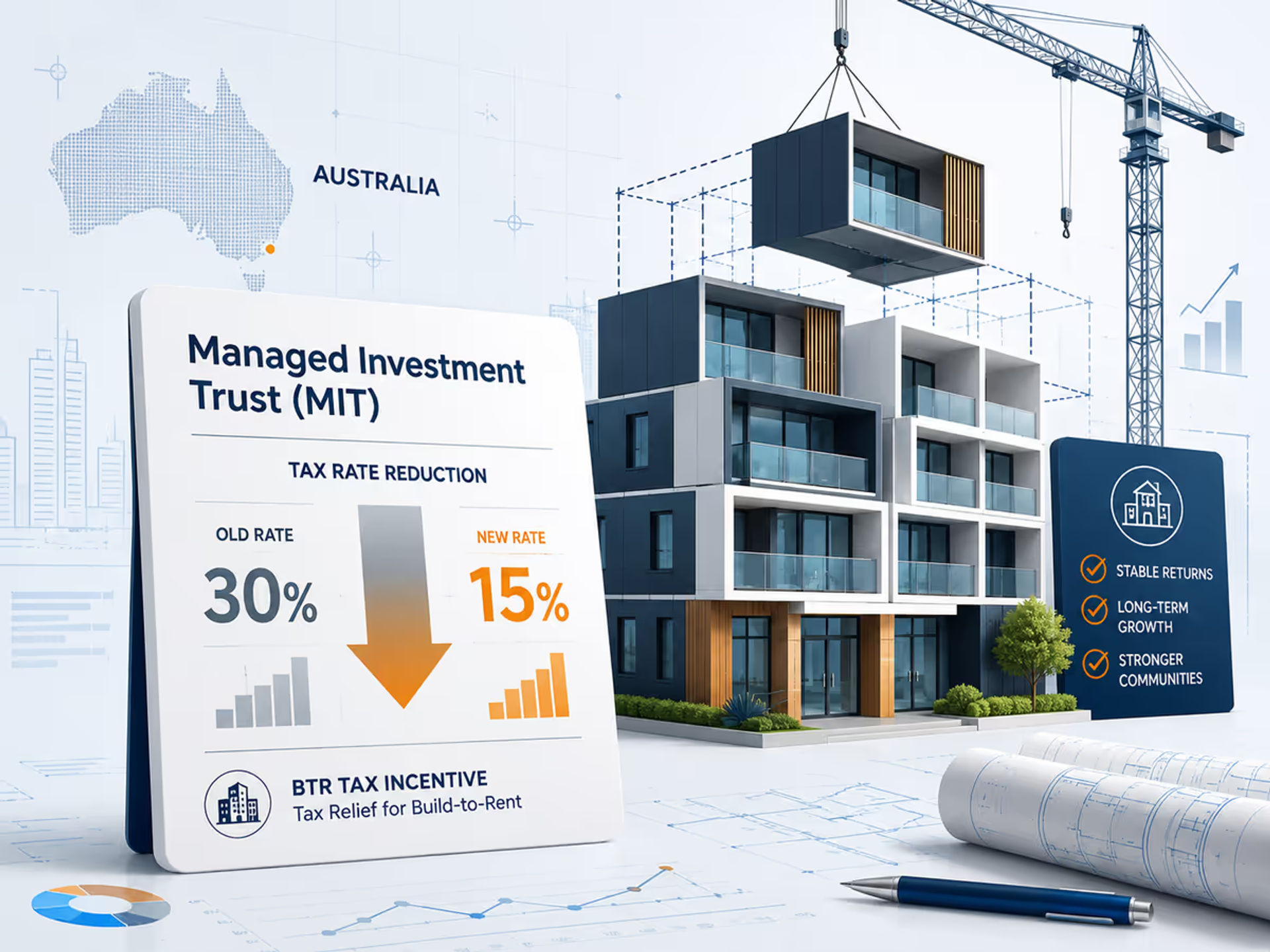 An image depicting the tax policy changes for the Australia BTR Sector, focusing on the Managed Investment Trust (MIT).