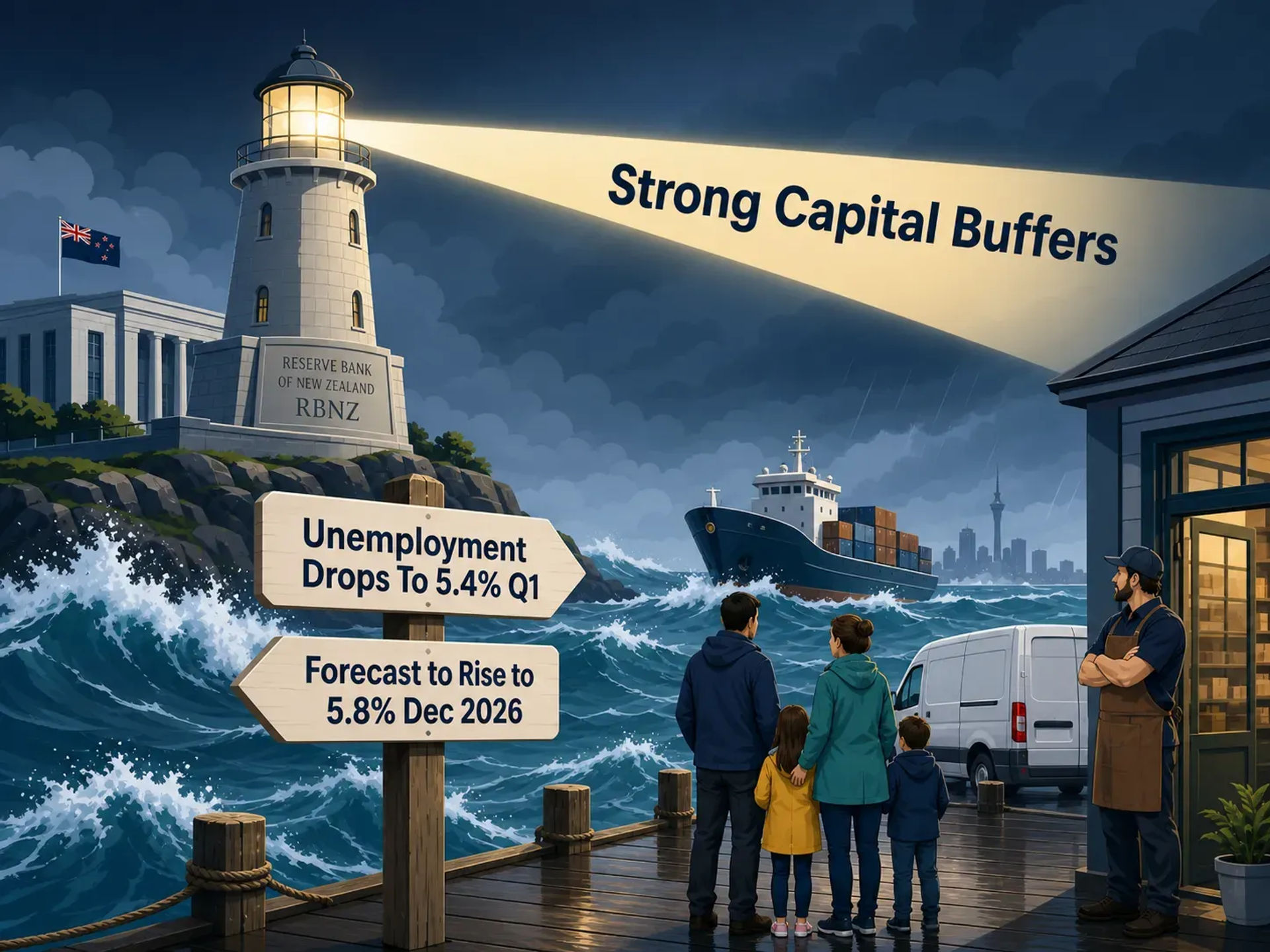 An illustration of New Zealand households and businesses navigating a stormy economic sea.