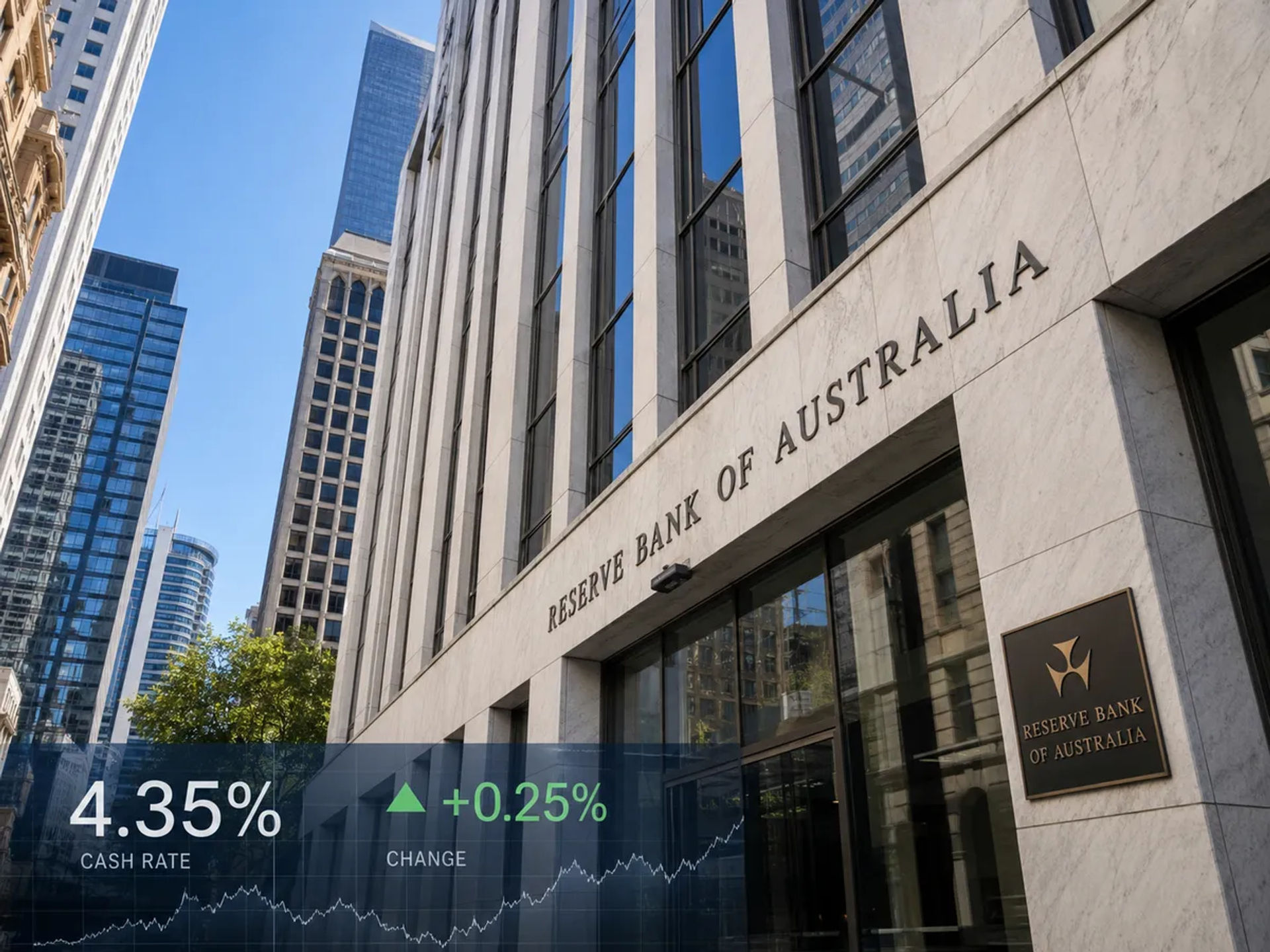 An image of the Reserve Bank of Australia (RBA) with a digital overlay displaying '4.35%' and '+0.25%'
