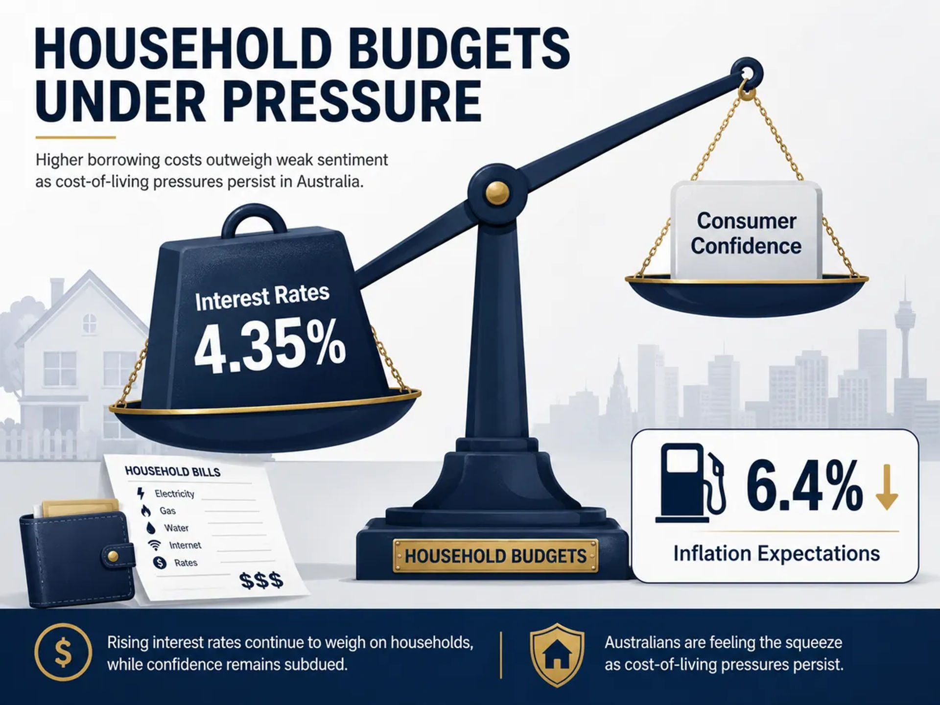 Image features a balance scale where one side is weighed down by a large block labeled 'Interest Rates 4.35%' and the other side, representing 'Consumer Confidence', is elevated and light.