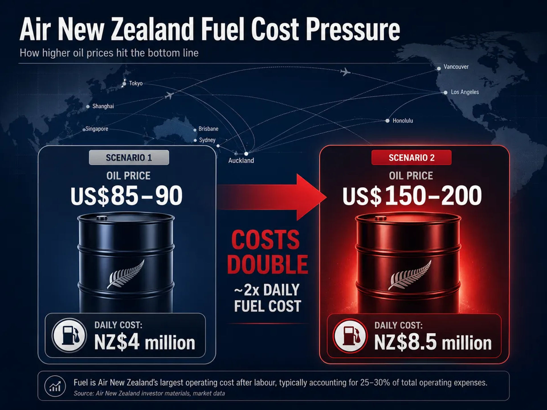 A financial infographic comparing Air New Zealand's fuel costs.