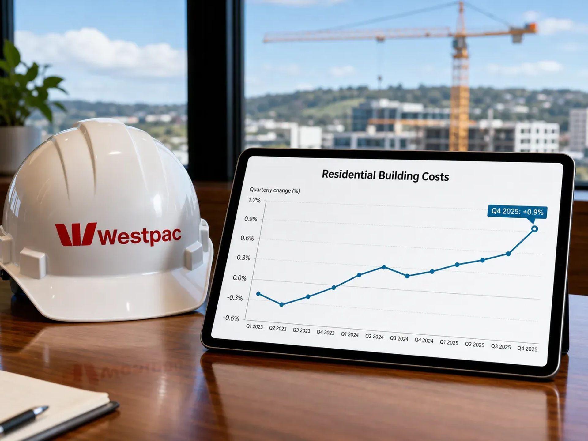 A Westpac branded hard hat sits on a polished wooden desk next to a digital tablet