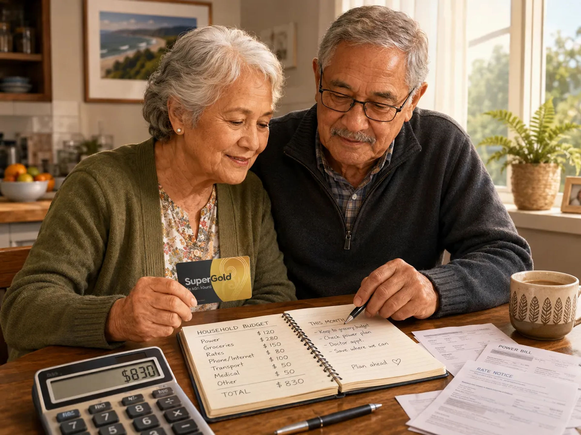Two SuperGold Cardholders sitting at a kitchen table looking at a household budget