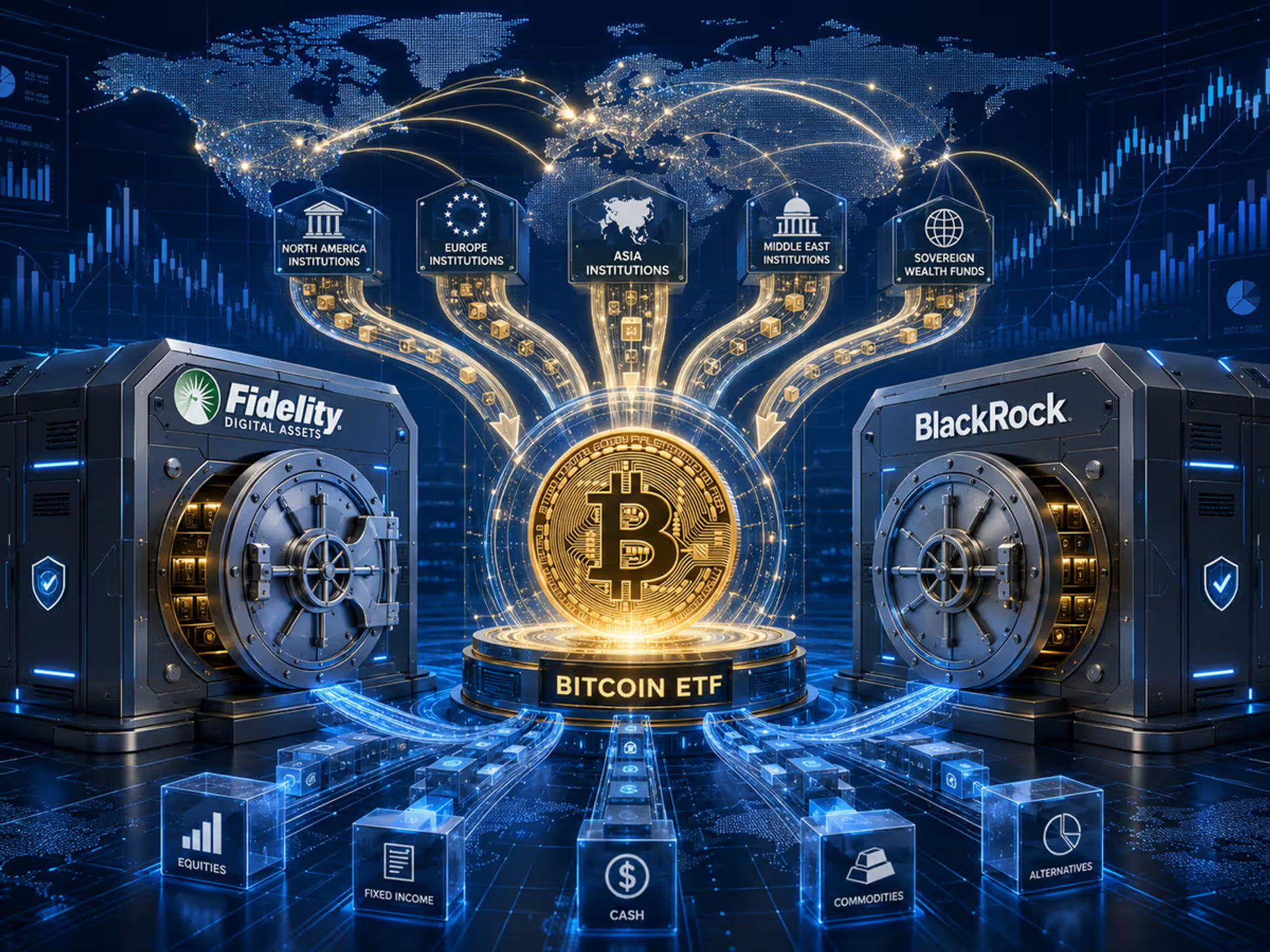 An image representing global institutional inflows into Bitcoin ETFs.