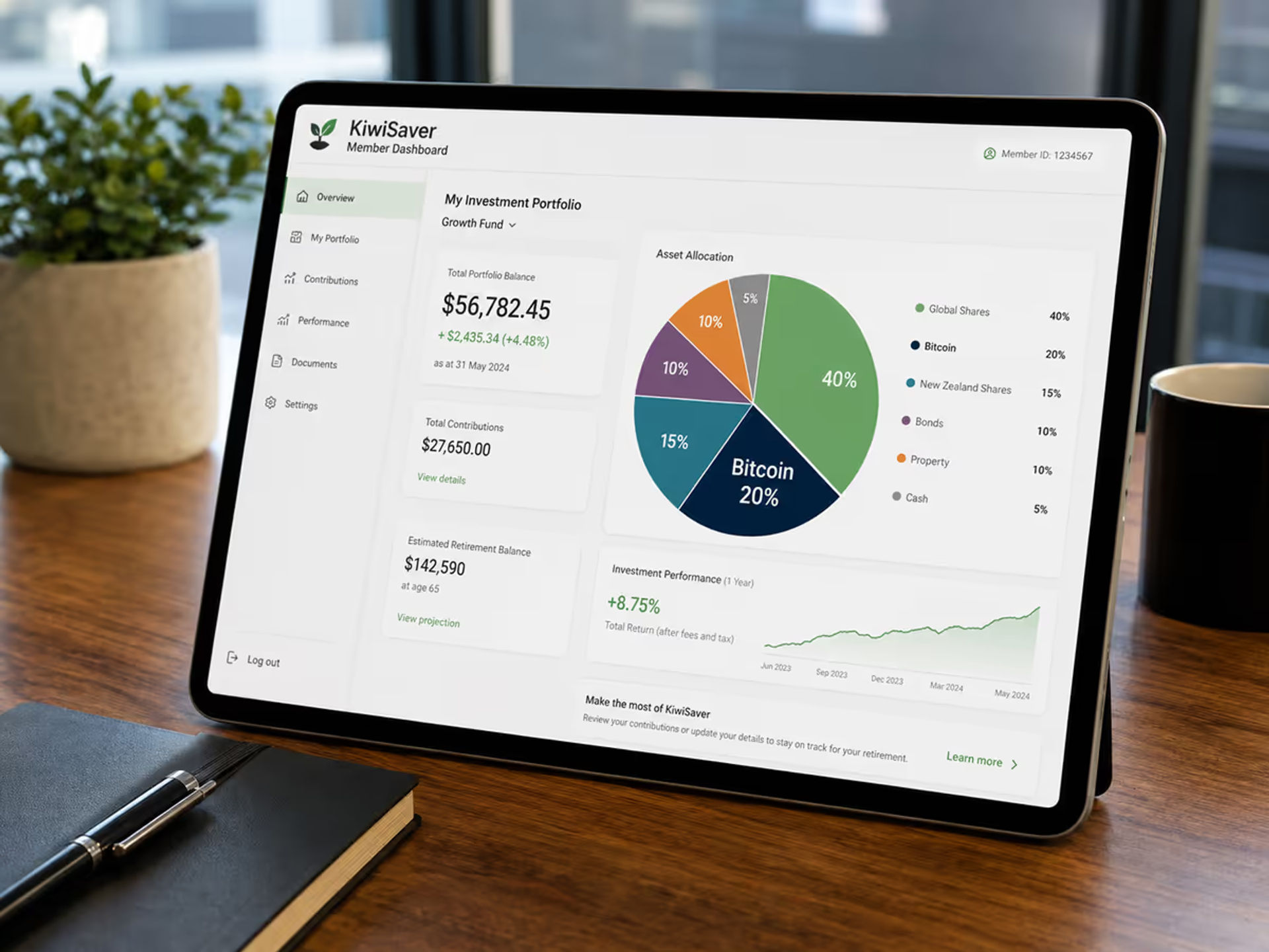 A close-up of a modern tablet displaying a KiwiSaver member's investment portfolio dashboard.