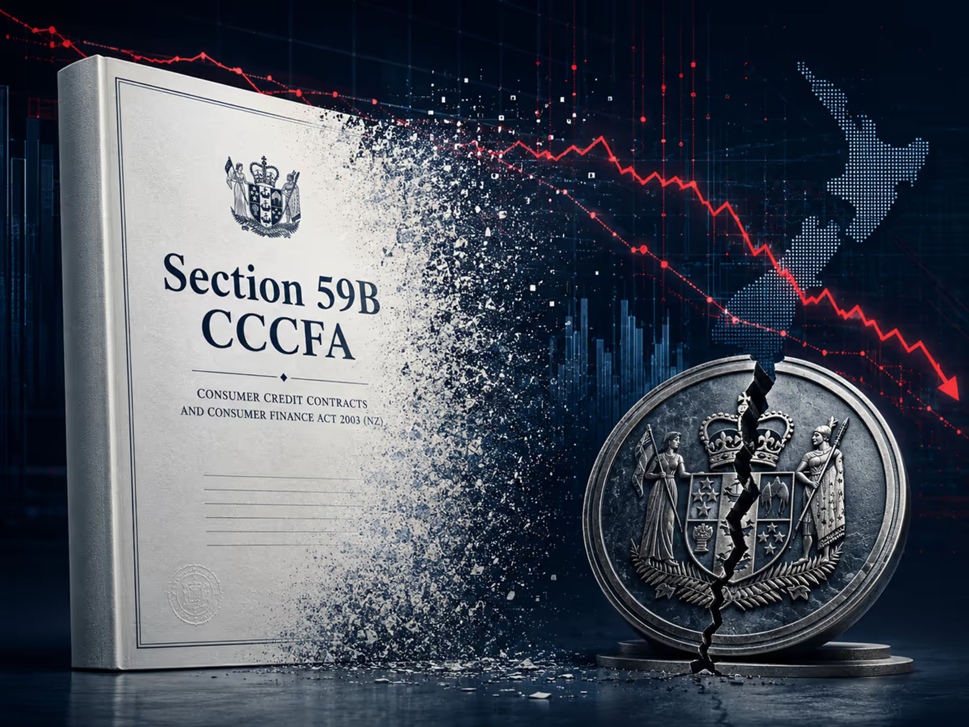 A conceptual illustration showing a thick legal document titled 'Section 59B CCCFA'
