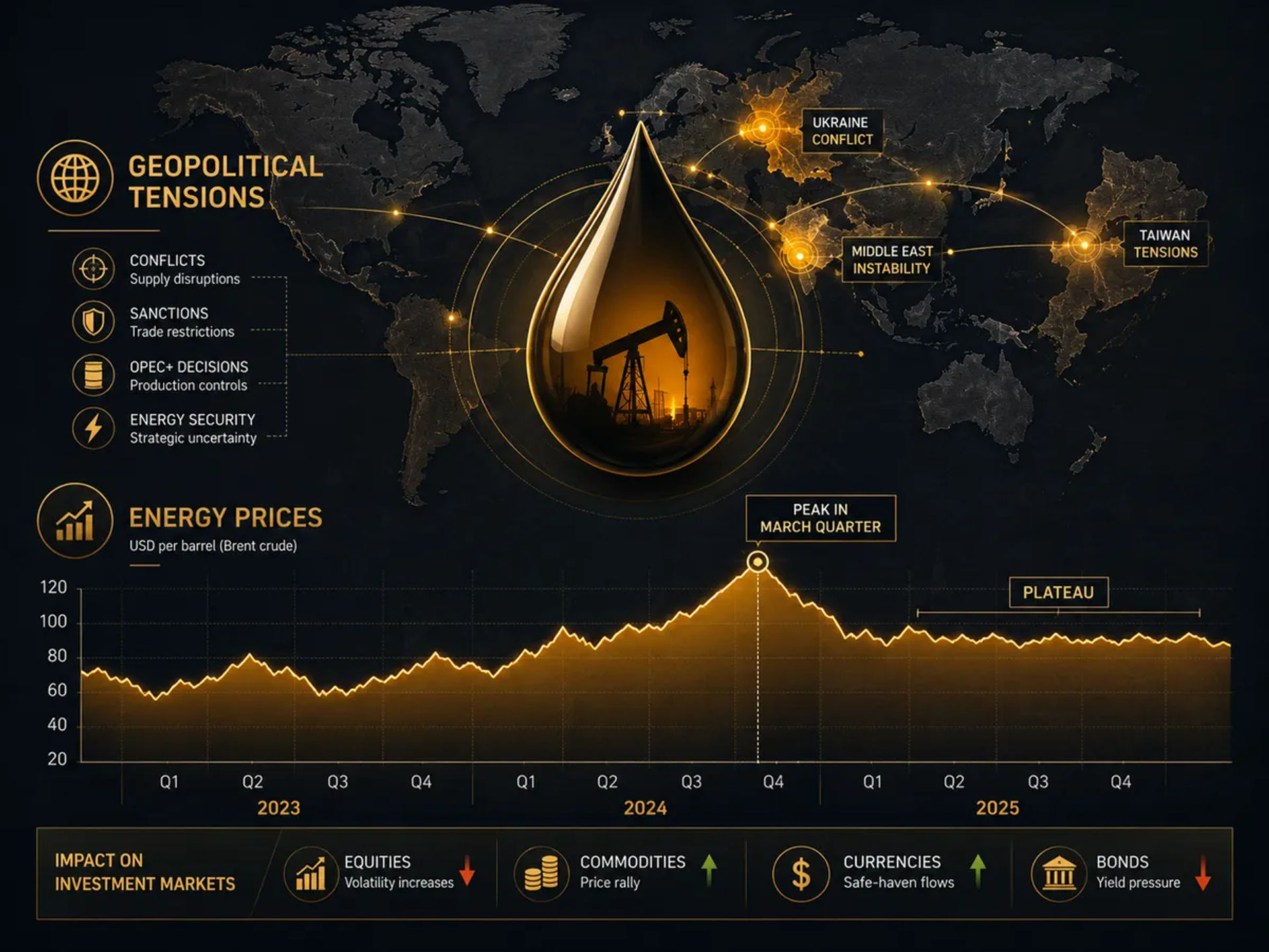 An abstract diagram representing the geopolitical influence on energy prices.