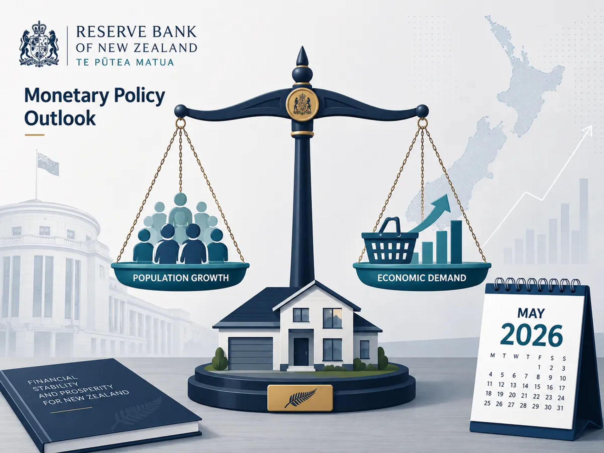 An image representing the Reserve Bank of New Zealand's monetary policy outlook.