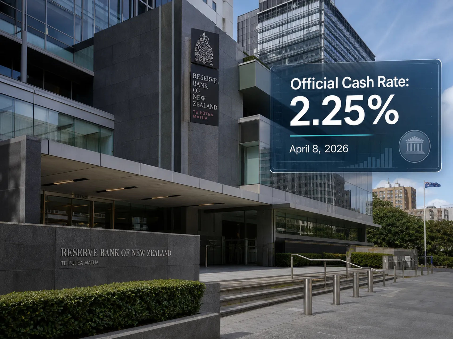 A photograph of the Reserve Bank of New Zealand building. A digital overlay in the corner displays 'Official Cash Rate: 2.25%'