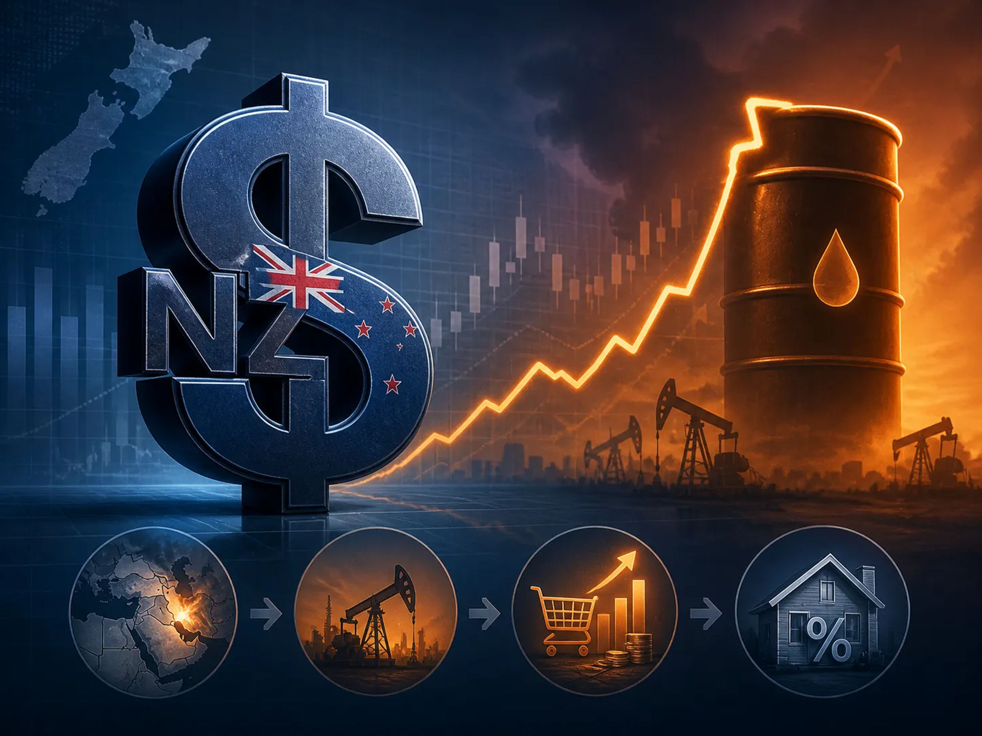 An illustration showing a New Zealand Dollar (NZD) symbol in the foreground, with a rising line graph