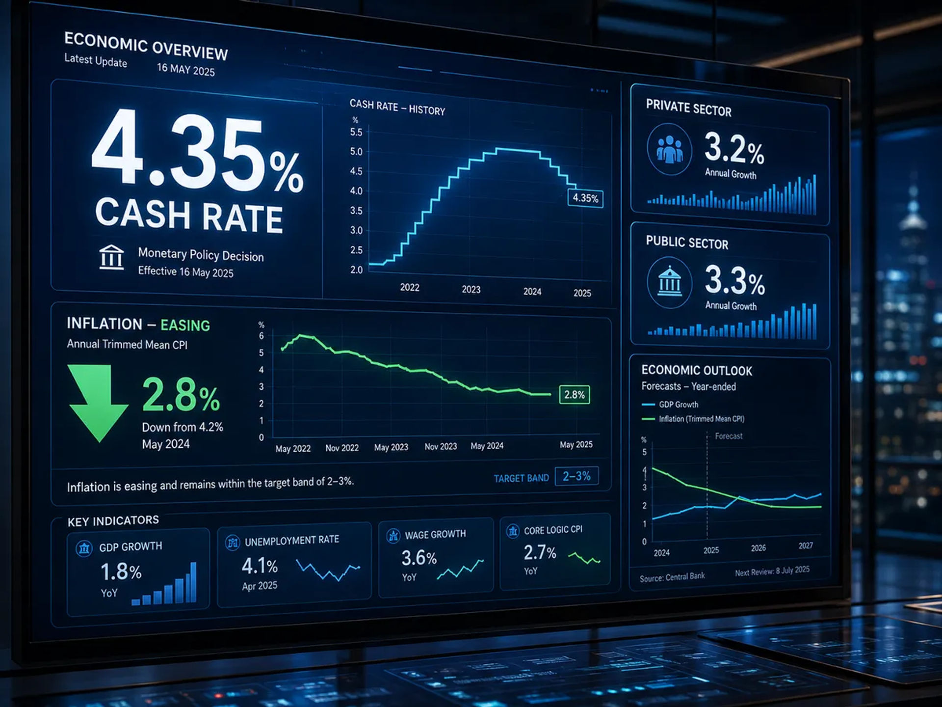 The screen prominently displays the figure '4.35% Cash Rate' alongside a downward-trending inflation arrow.