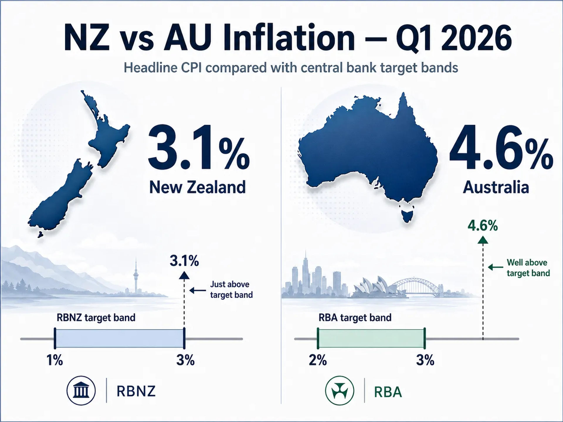 An illustration comparing NZ and AU inflation rates for Q1 2026