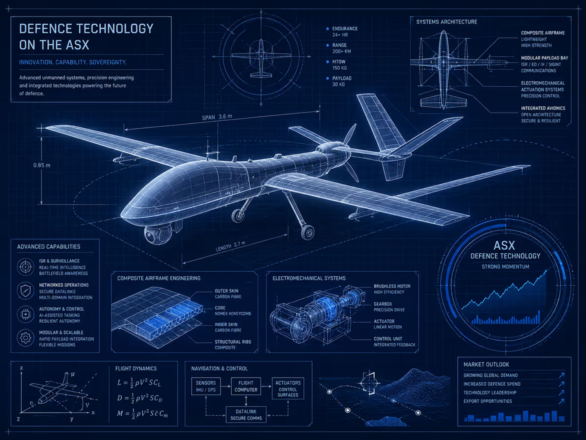 A high-tech technical blueprint illustration representing the defence technology sector listings on the ASX, such as KTEK Aerosystems Ltd and Boresight Ltd. 