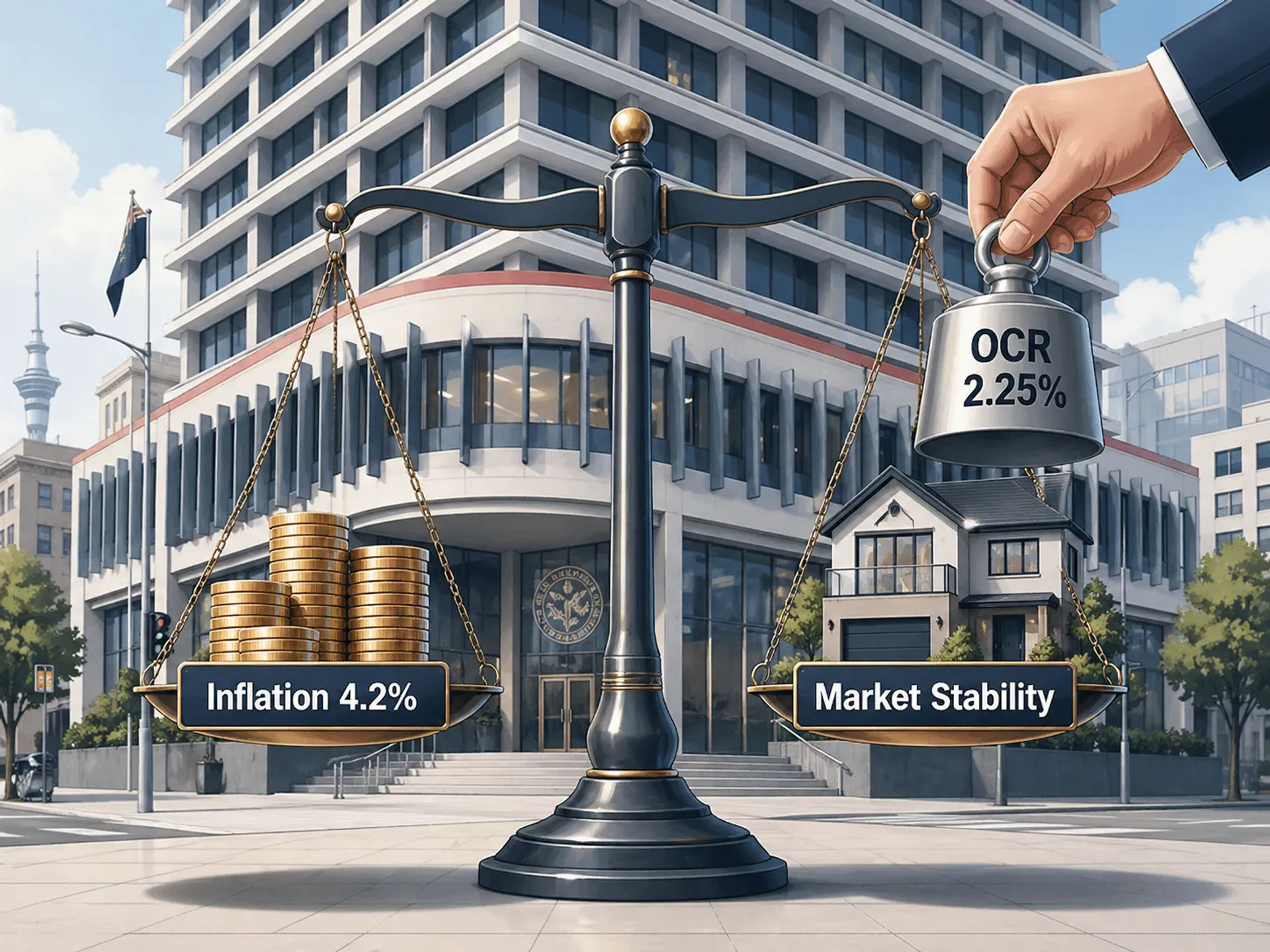 An illustration of a balance scale in front of the Reserve Bank of New Zealand building in Wellington.
