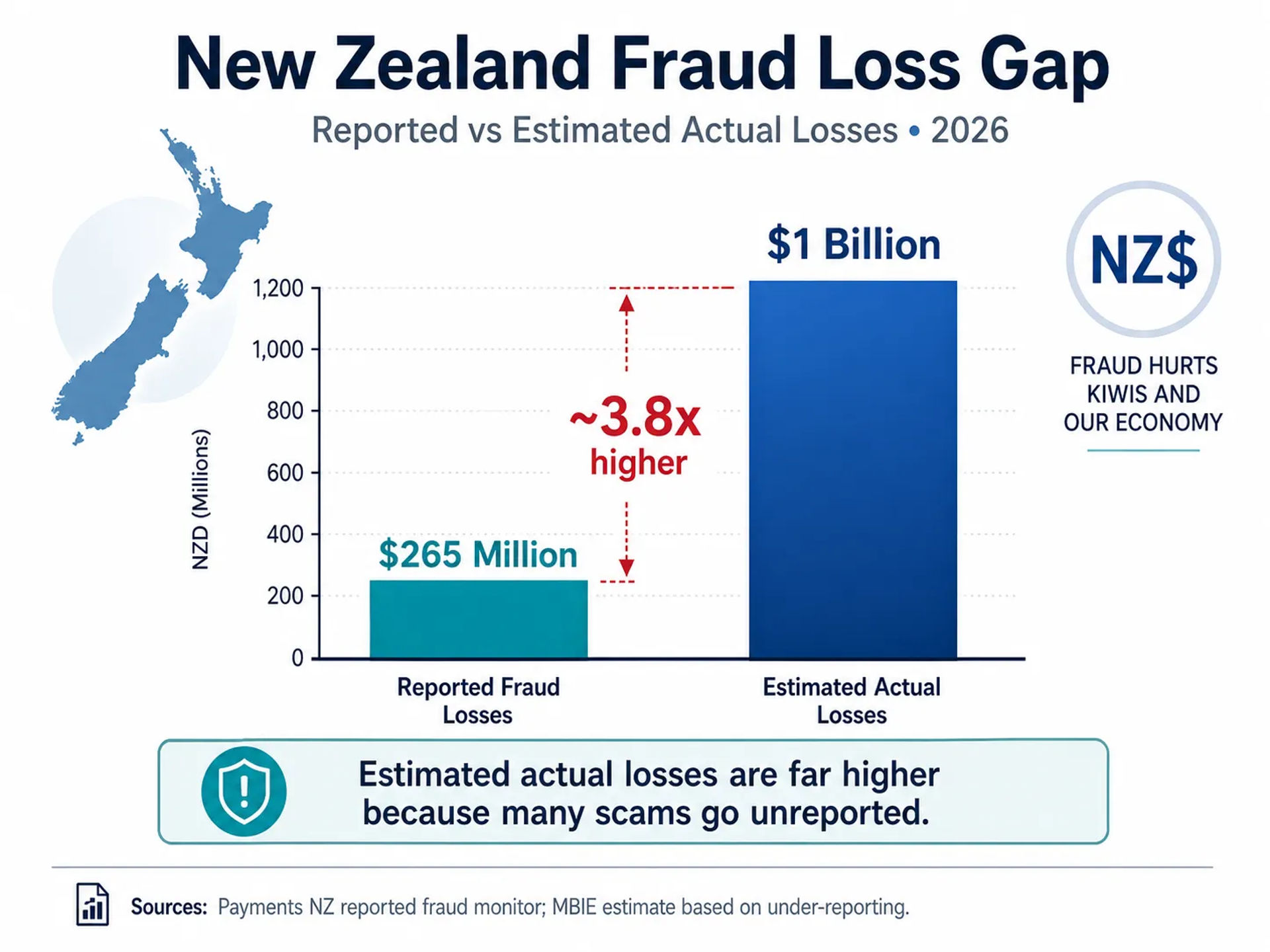 An infographic showing the gap between 'Reported Fraud Losses' and 'Estimated Actual Losses'