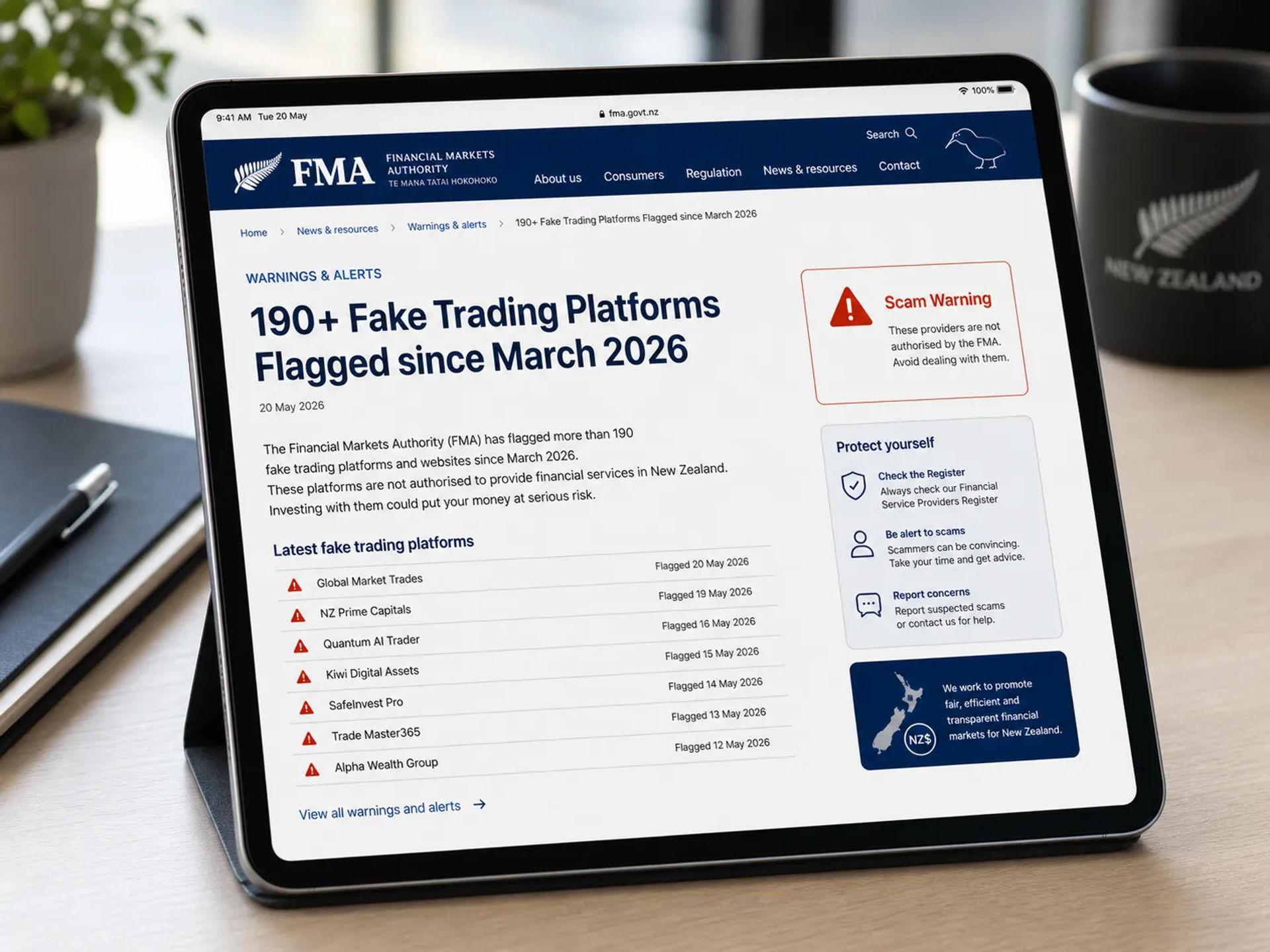 A close-up of a tablet displaying the Financial Markets Authority (FMA) website with a list of '190+ Fake Trading Platforms