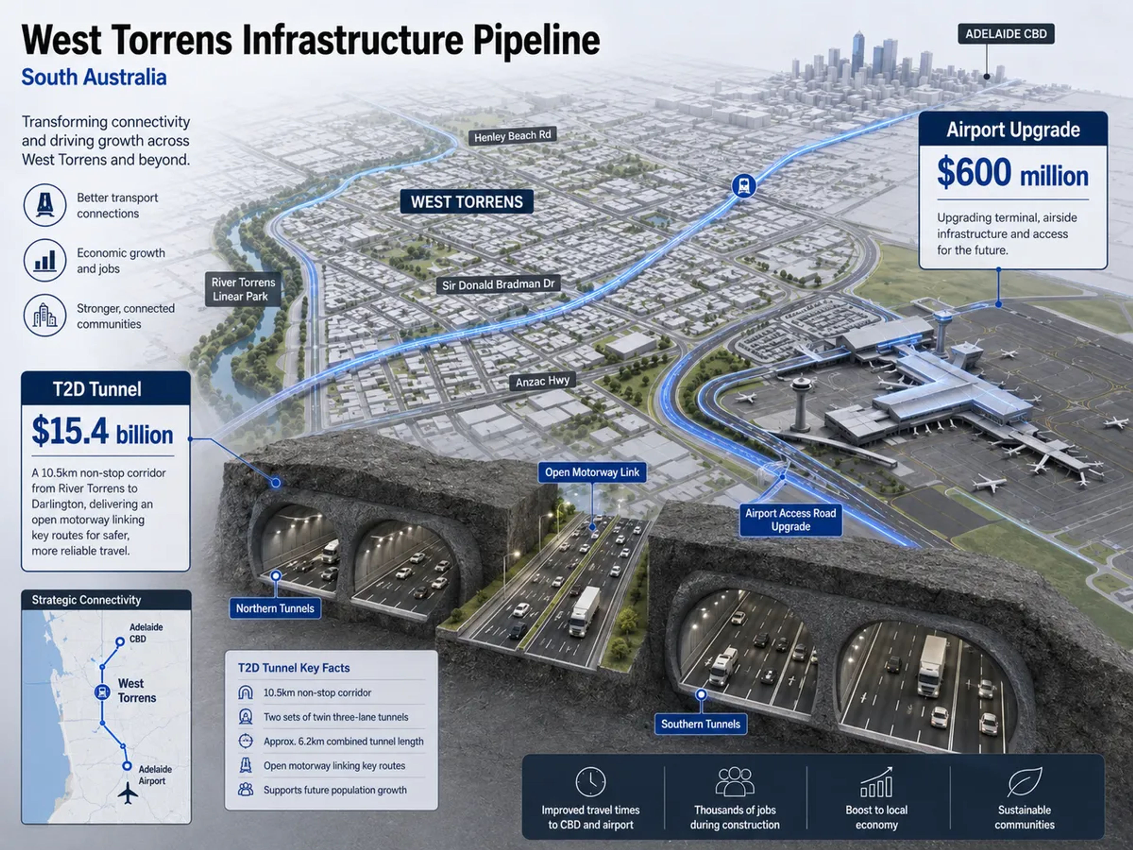 A detailed 3D architectural diagram representing infrastructure spending in West Torrens, South Australia.