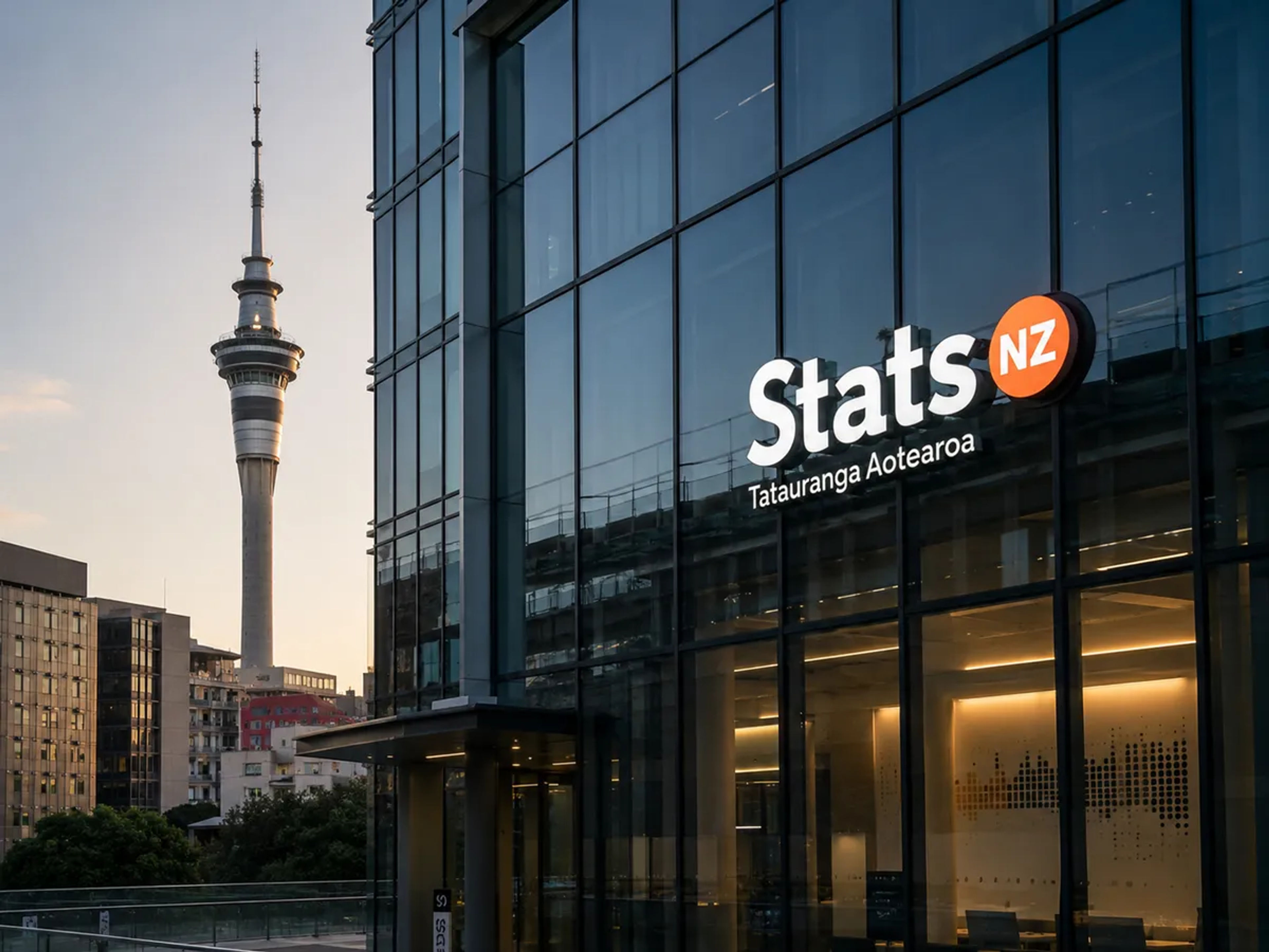 An image of the Stats NZ logo presented on a modern glass building facade in a New Zealand city centre.