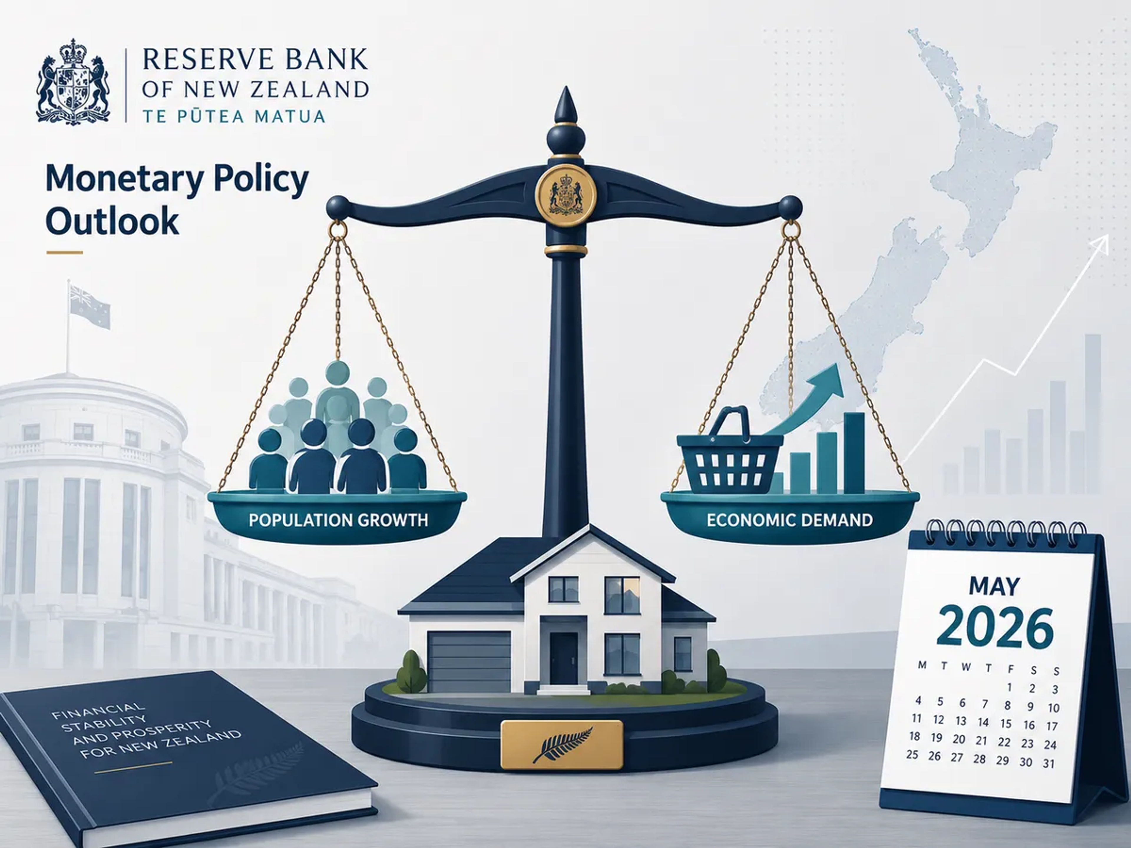 An image representing the Reserve Bank of New Zealand's monetary policy outlook.