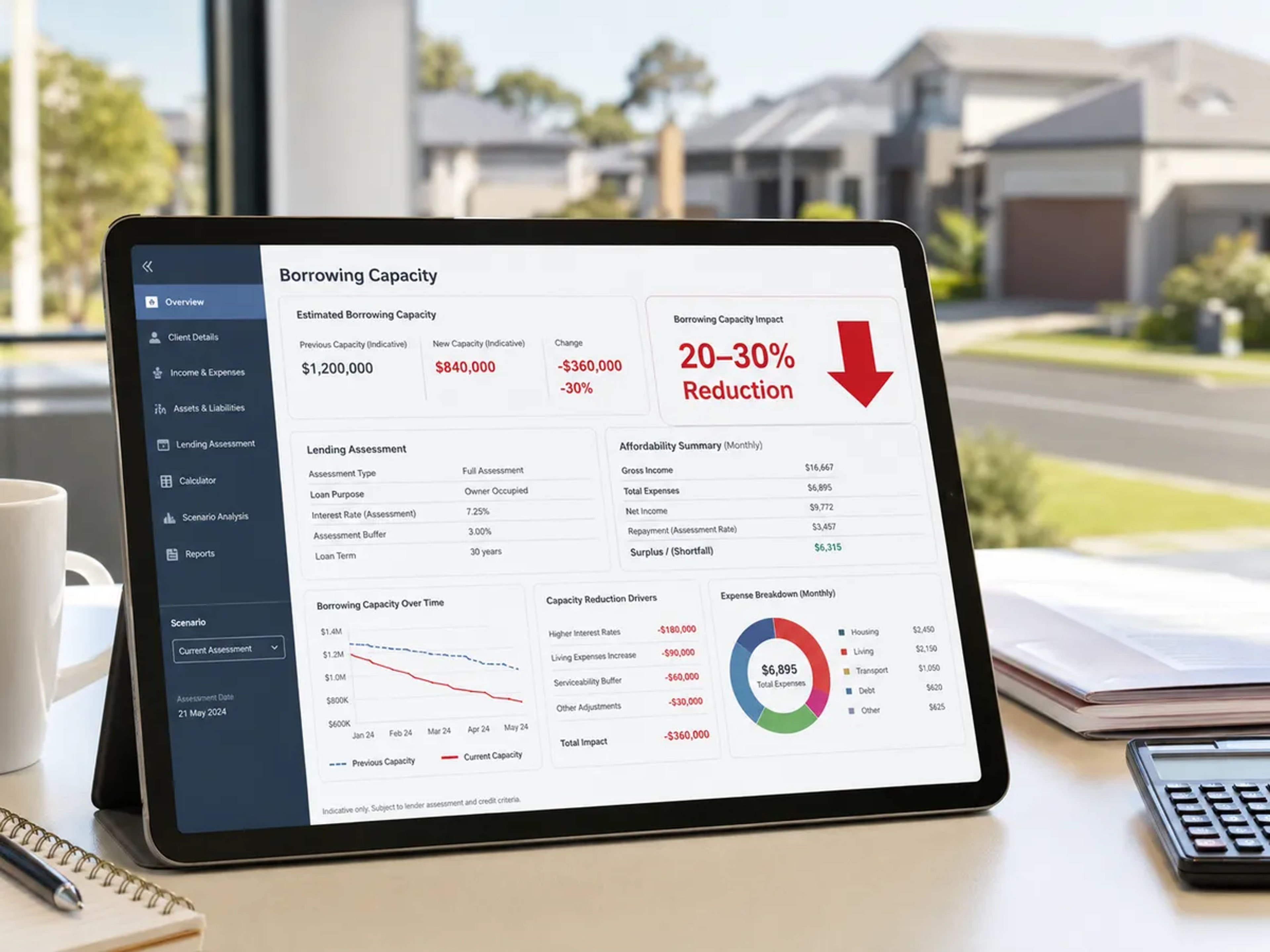 An image of a digital tablet displaying a mortgage broker's lending software.