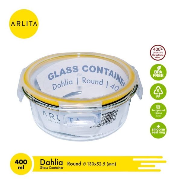 ARLITA DAHLIA YELLOW GLASS CONTAINER ROUND 400ML - Hiro Electronics