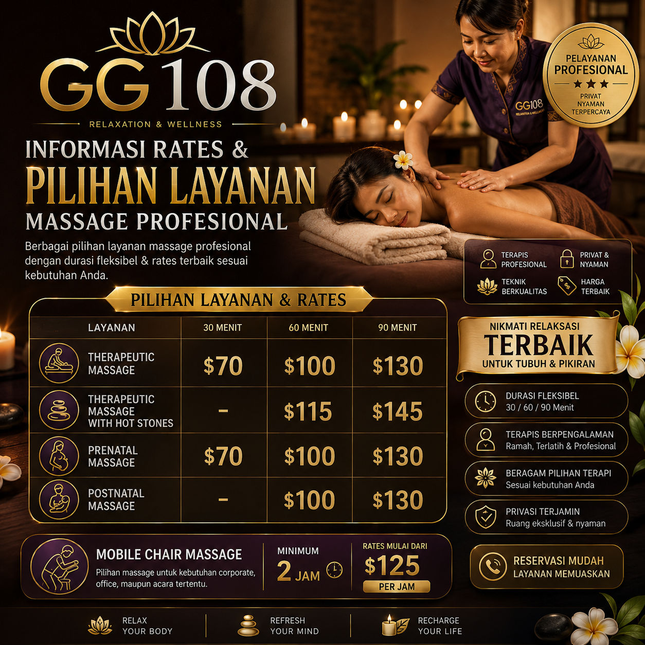 GG108 | Informasi Rates & Pilihan Layanan Massage Profesional